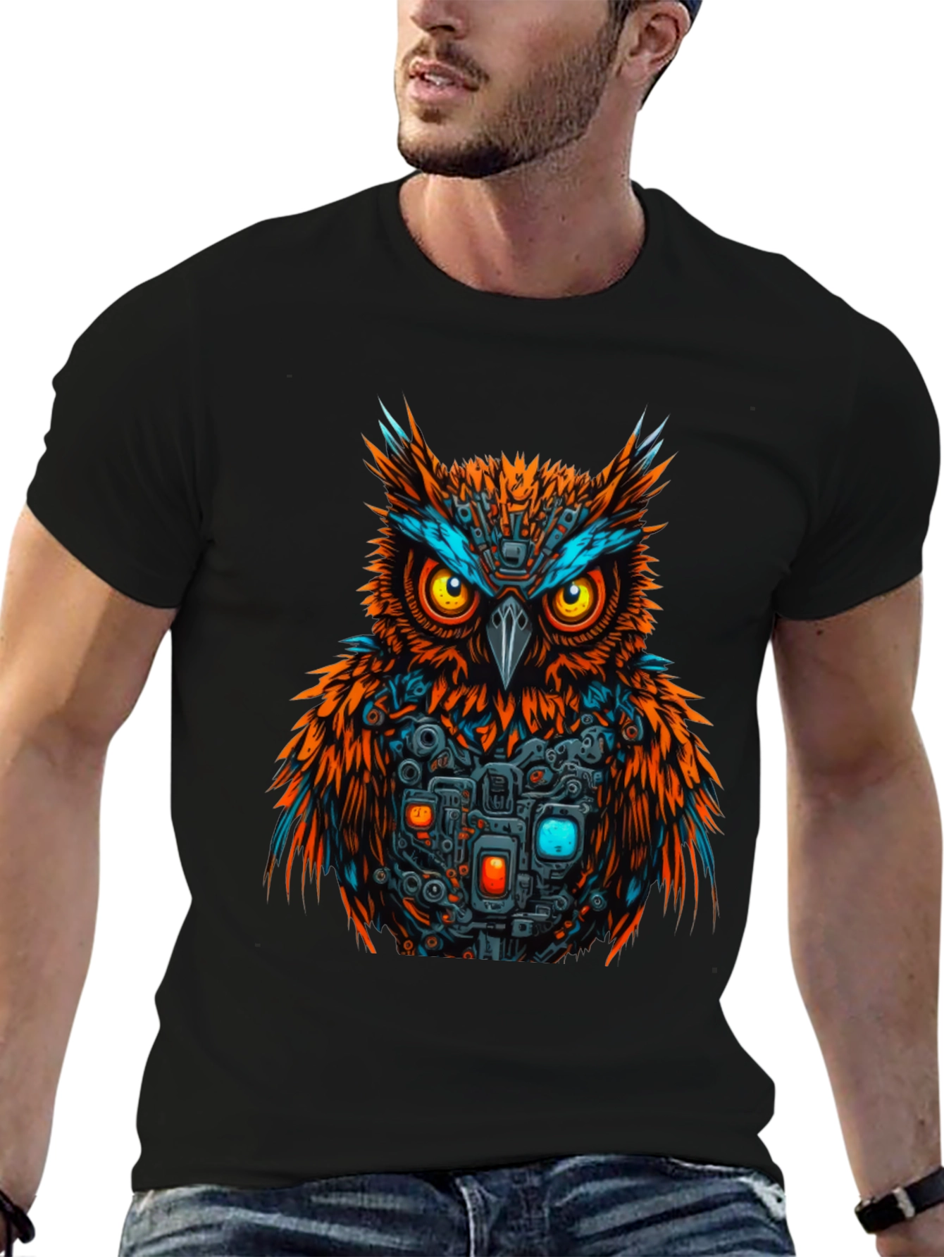 Cyber Owl Graphic T-Shirt - Black Cotton Tee