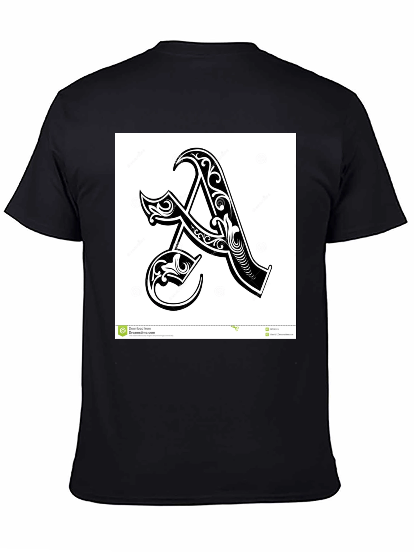 Black T-Shirt with Ornate Initial A Design
