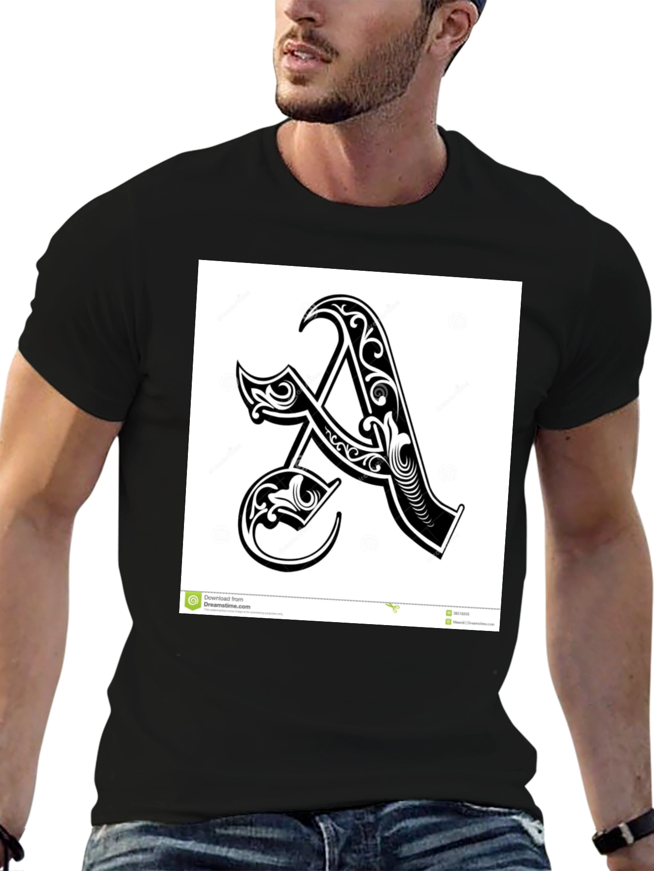 Black T-Shirt with Ornate Initial A Design