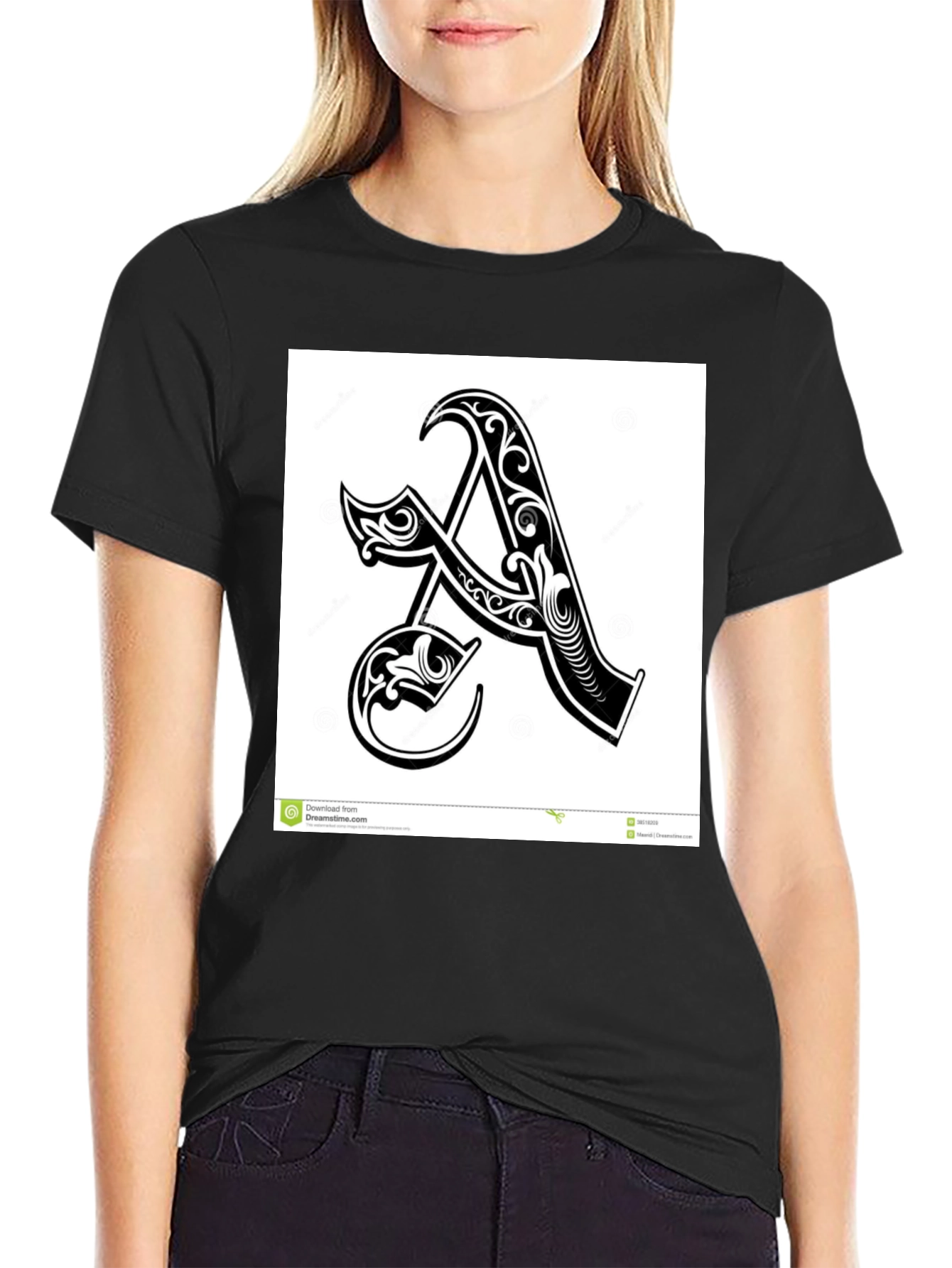 Black T-Shirt with Ornate Initial A Design