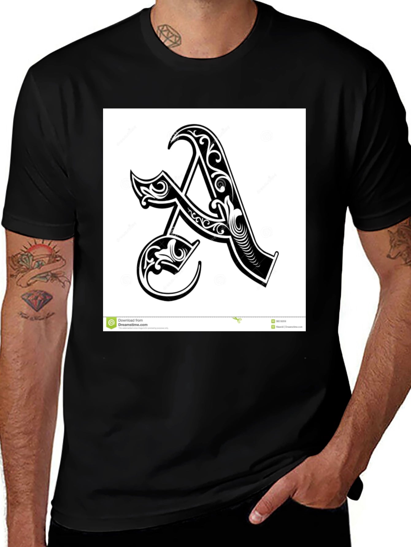Black T-Shirt with Ornate Initial A Design