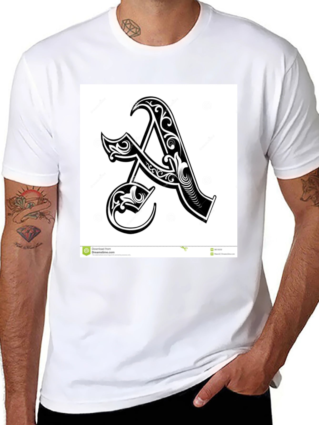 Black T-Shirt with Ornate Initial A Design