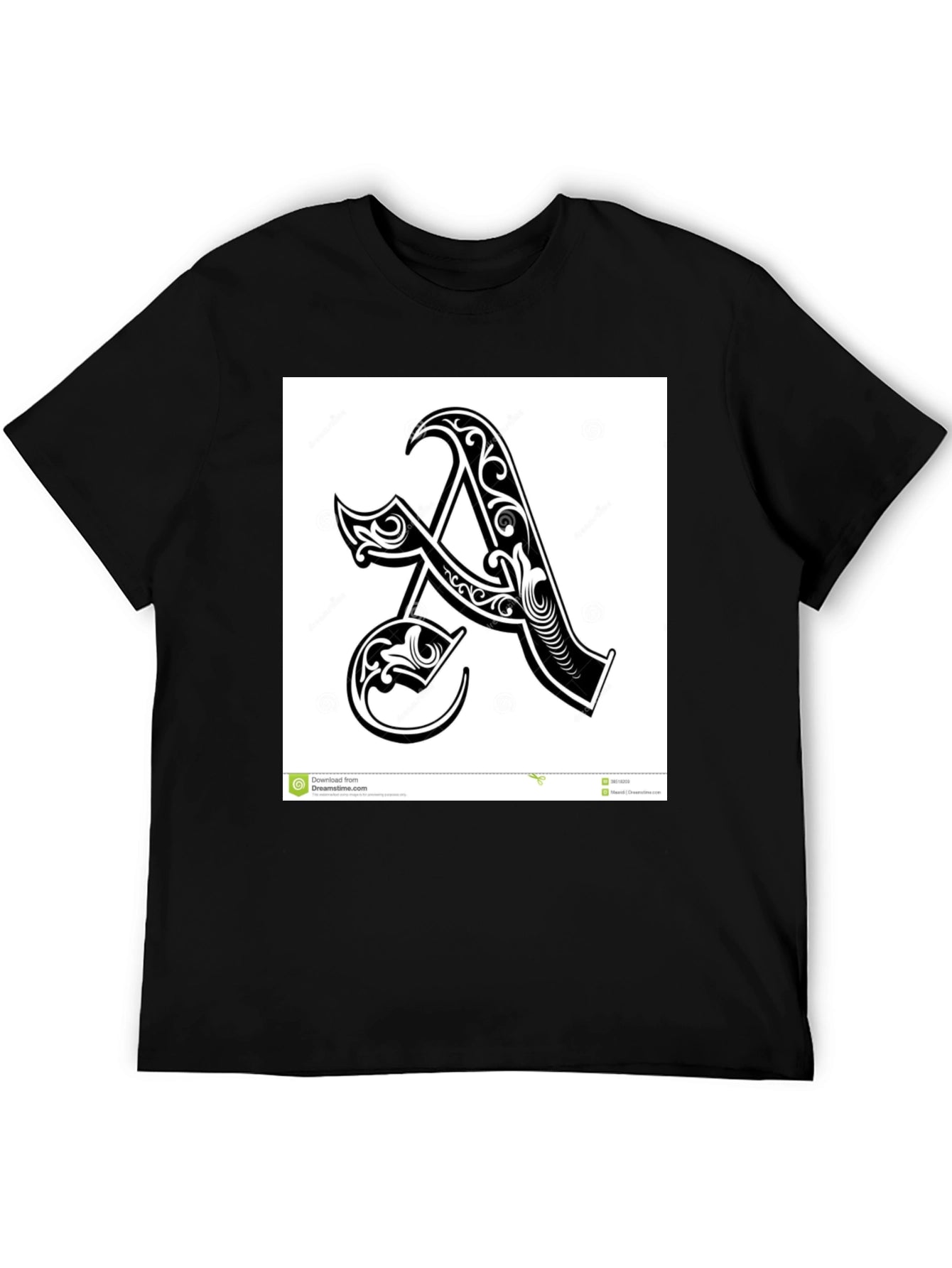 Black T-Shirt with Ornate Initial A Design