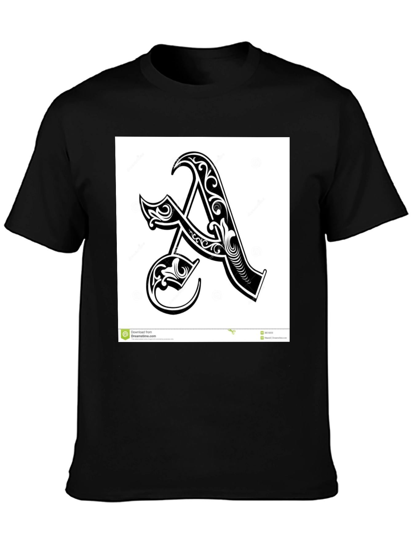 Black T-Shirt with Ornate Initial A Design