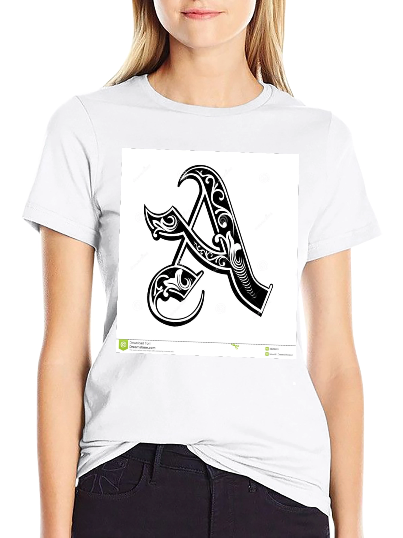 Black T-Shirt with Ornate Initial A Design
