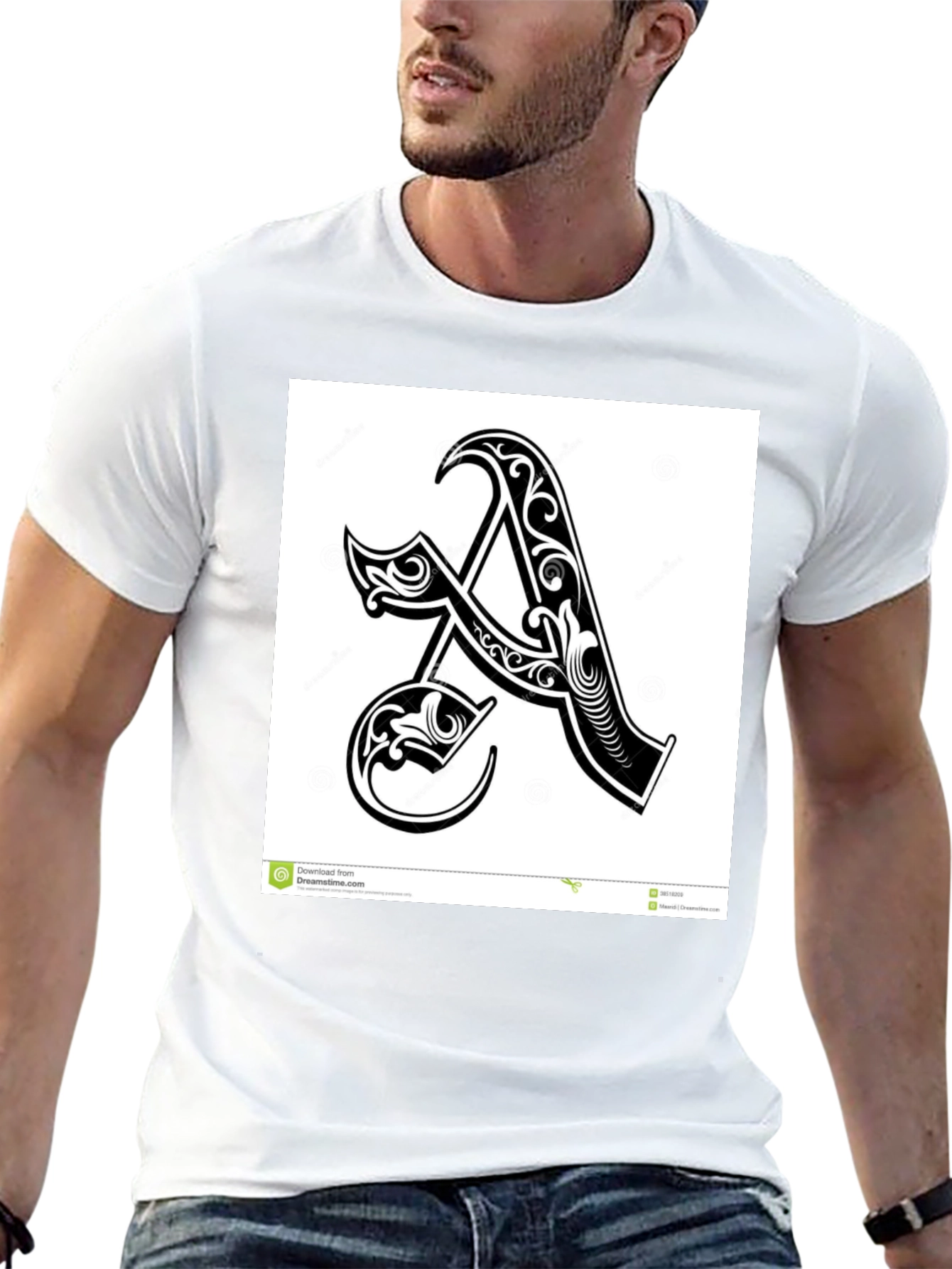 Black T-Shirt with Ornate Initial A Design