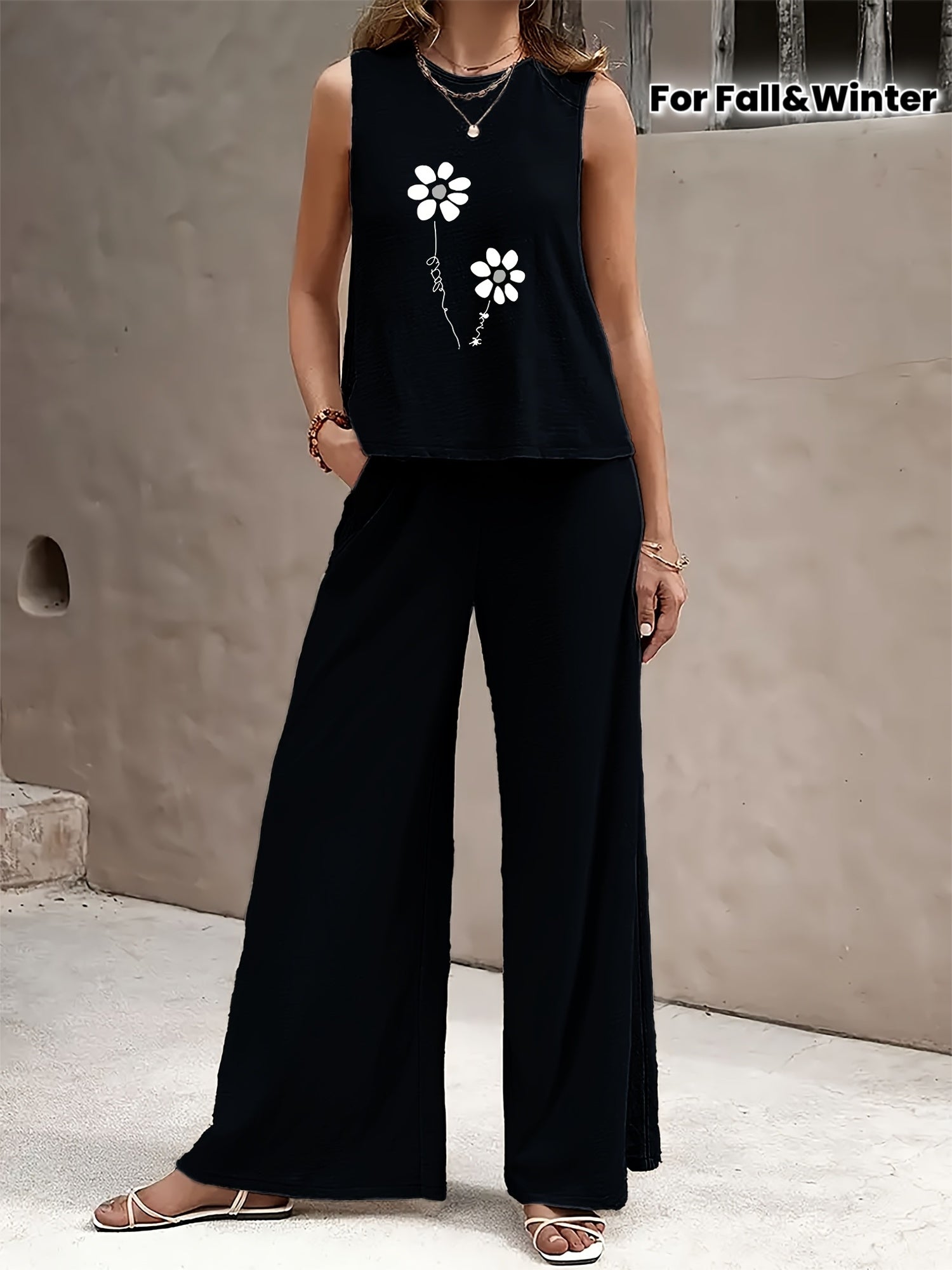 Fresh Daisy Print Casual Vacation Style, Fresh Artistic Style, Soft Texture Set, Round Neck Sleeveless Top and Pants, Simple Commuting Style Fashion Set with Side Pockets, Suitable for All Seasons of Spring, Summer, Autumn and Winter, Good Gift