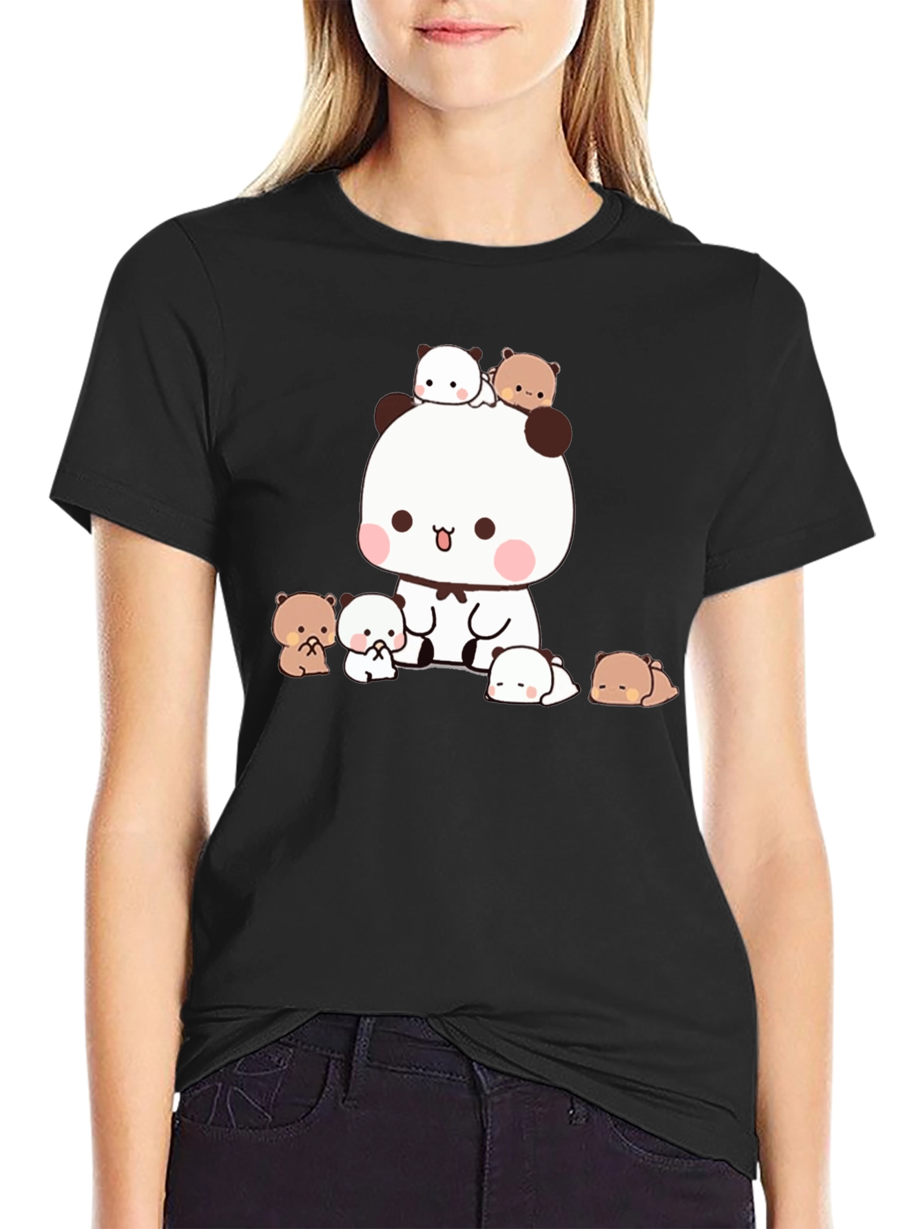 Cute Panda & Bear Graphic Tee - Black