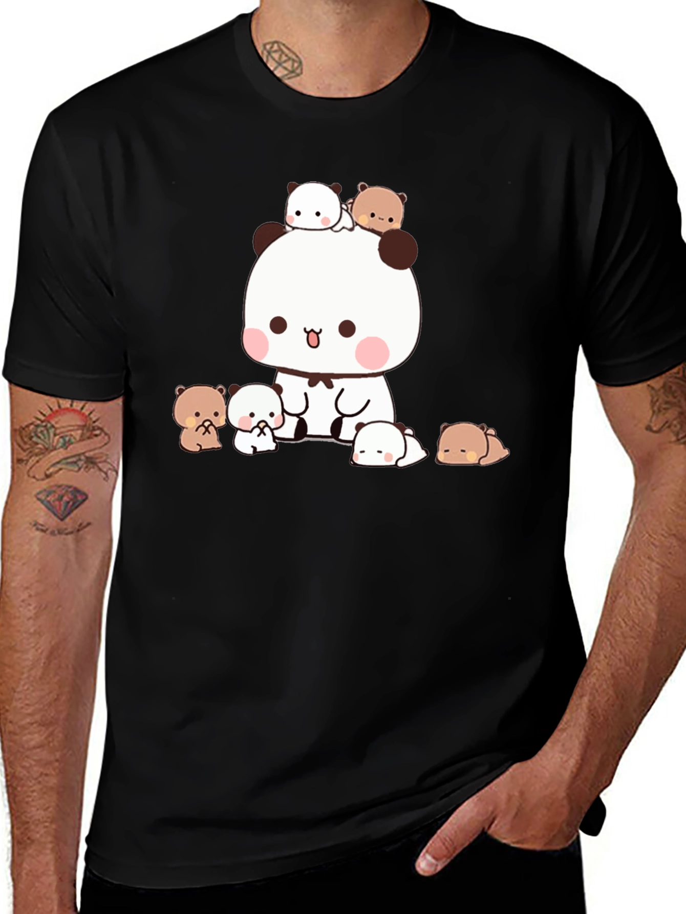 Cute Panda & Bear Graphic Tee - Black
