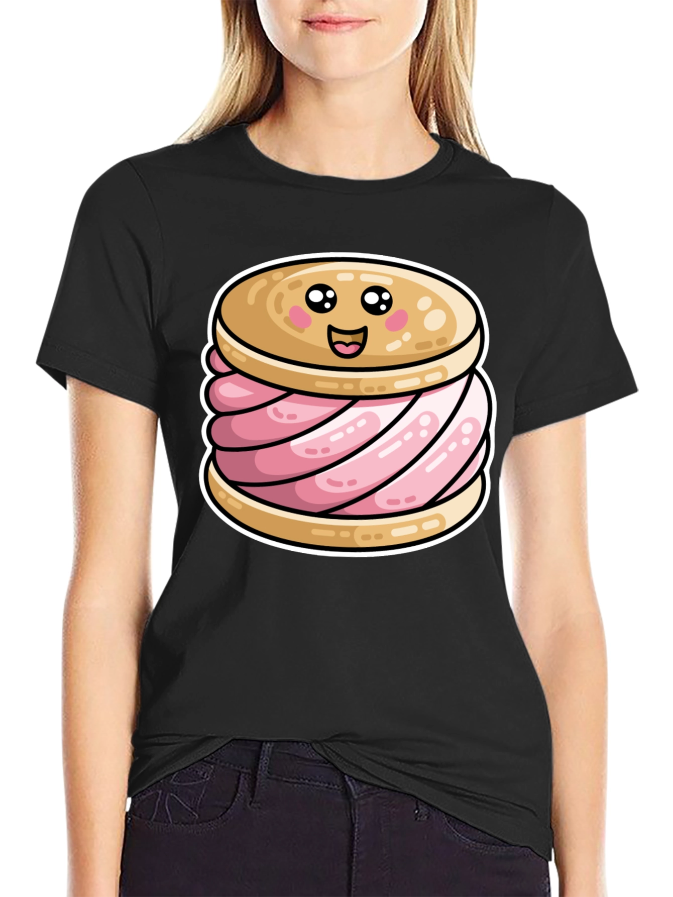 Cute Ice Cream Sandwich Graphic Tee - Black