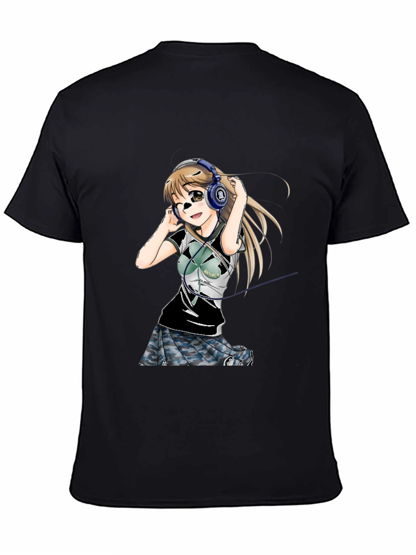Anime Girl Headphones Graphic Tee - Black T-Shirt