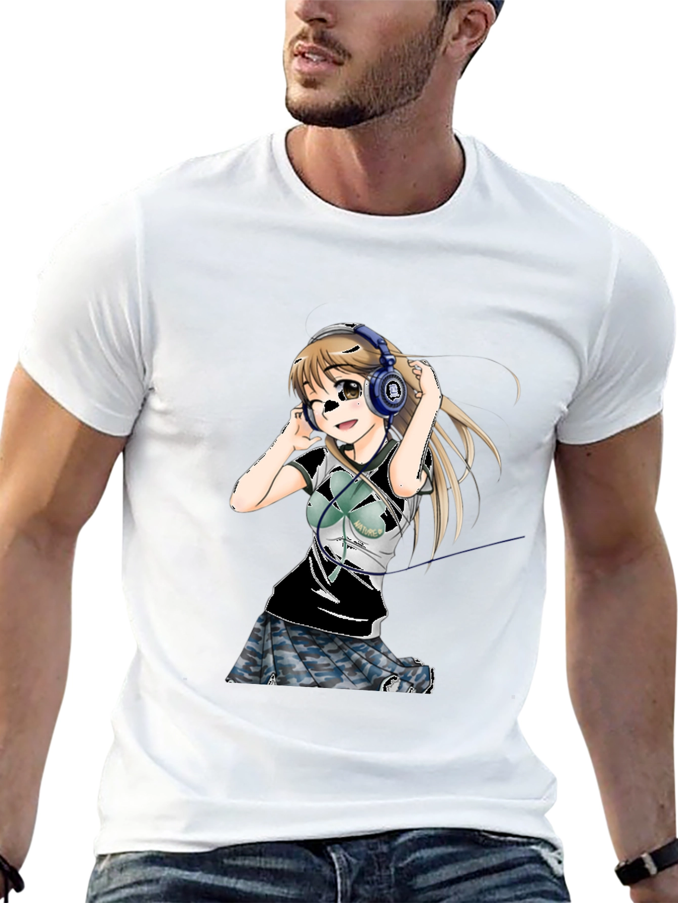 Anime Girl Headphones Graphic Tee - Black T-Shirt