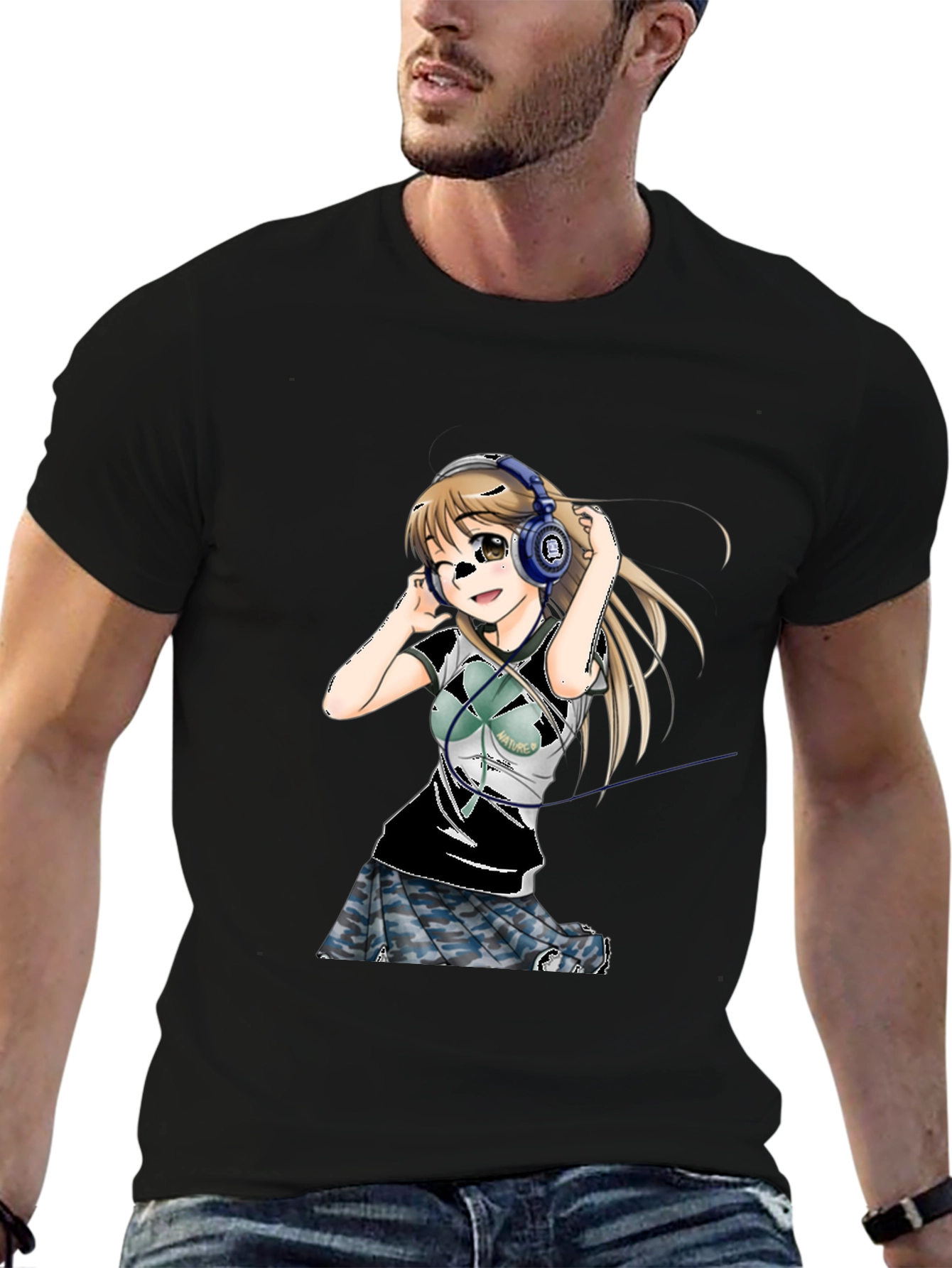 Anime Girl Headphones Graphic Tee - Black T-Shirt