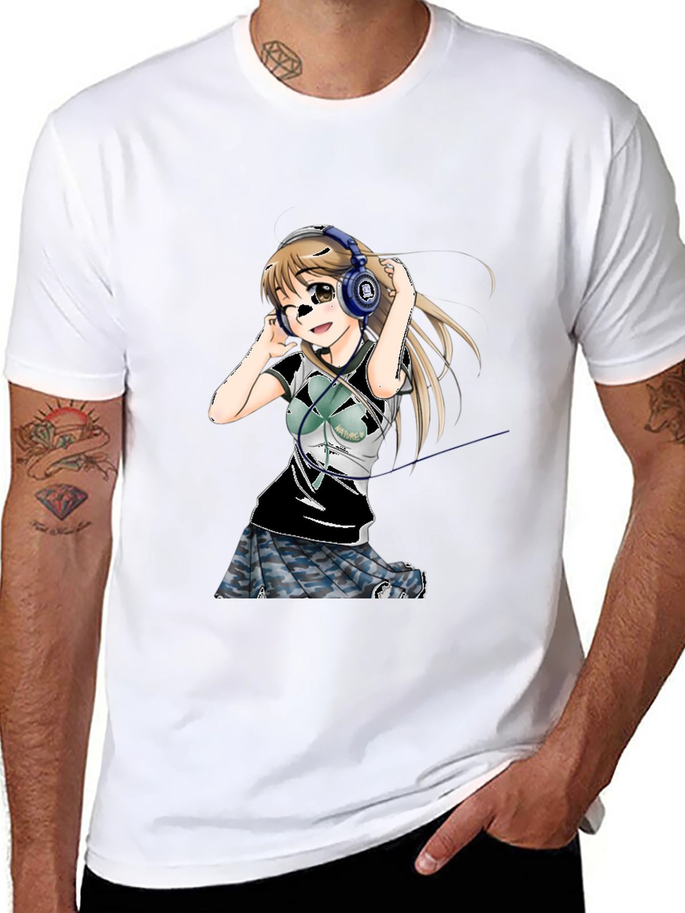 Anime Girl Headphones Graphic Tee - Black T-Shirt