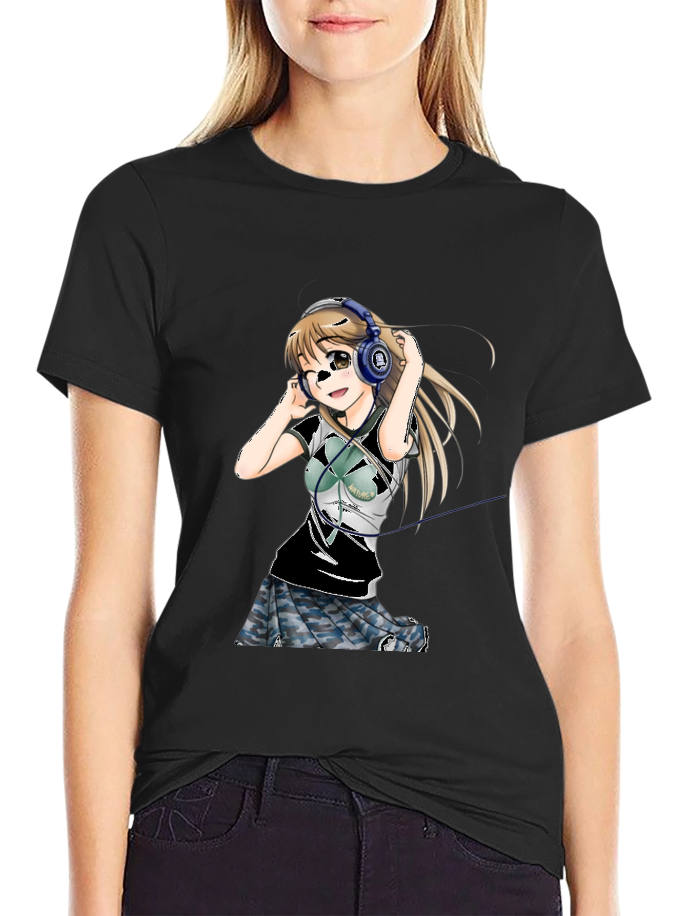 Anime Girl Headphones Graphic Tee - Black T-Shirt