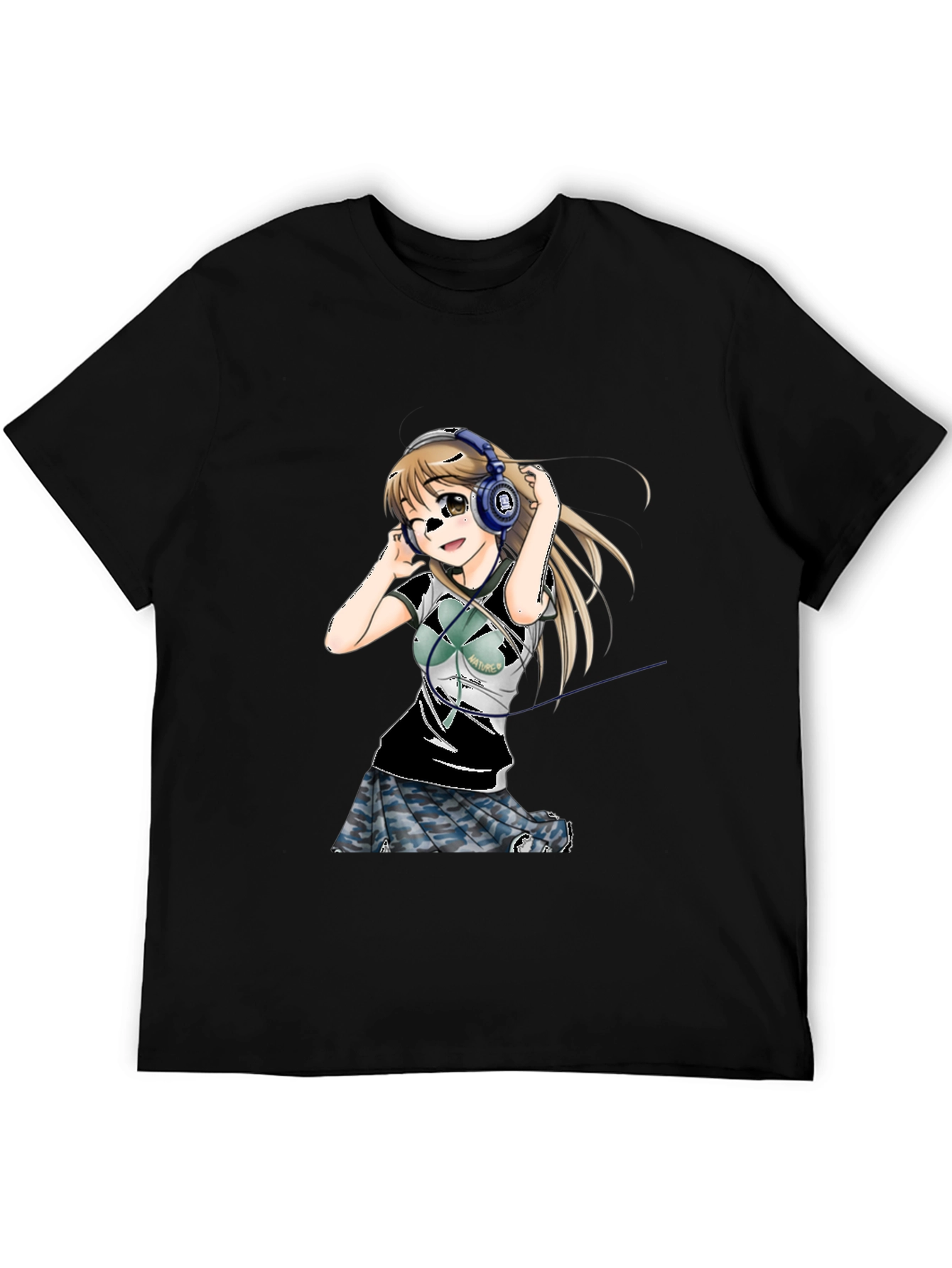 Anime Girl Headphones Graphic Tee - Black T-Shirt