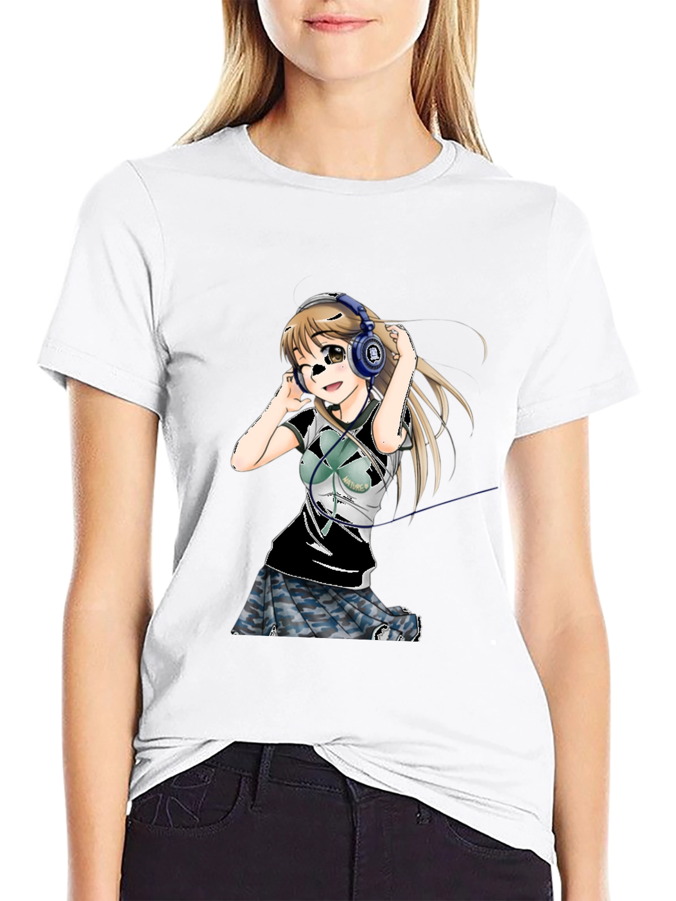 Anime Girl Headphones Graphic Tee - Black T-Shirt