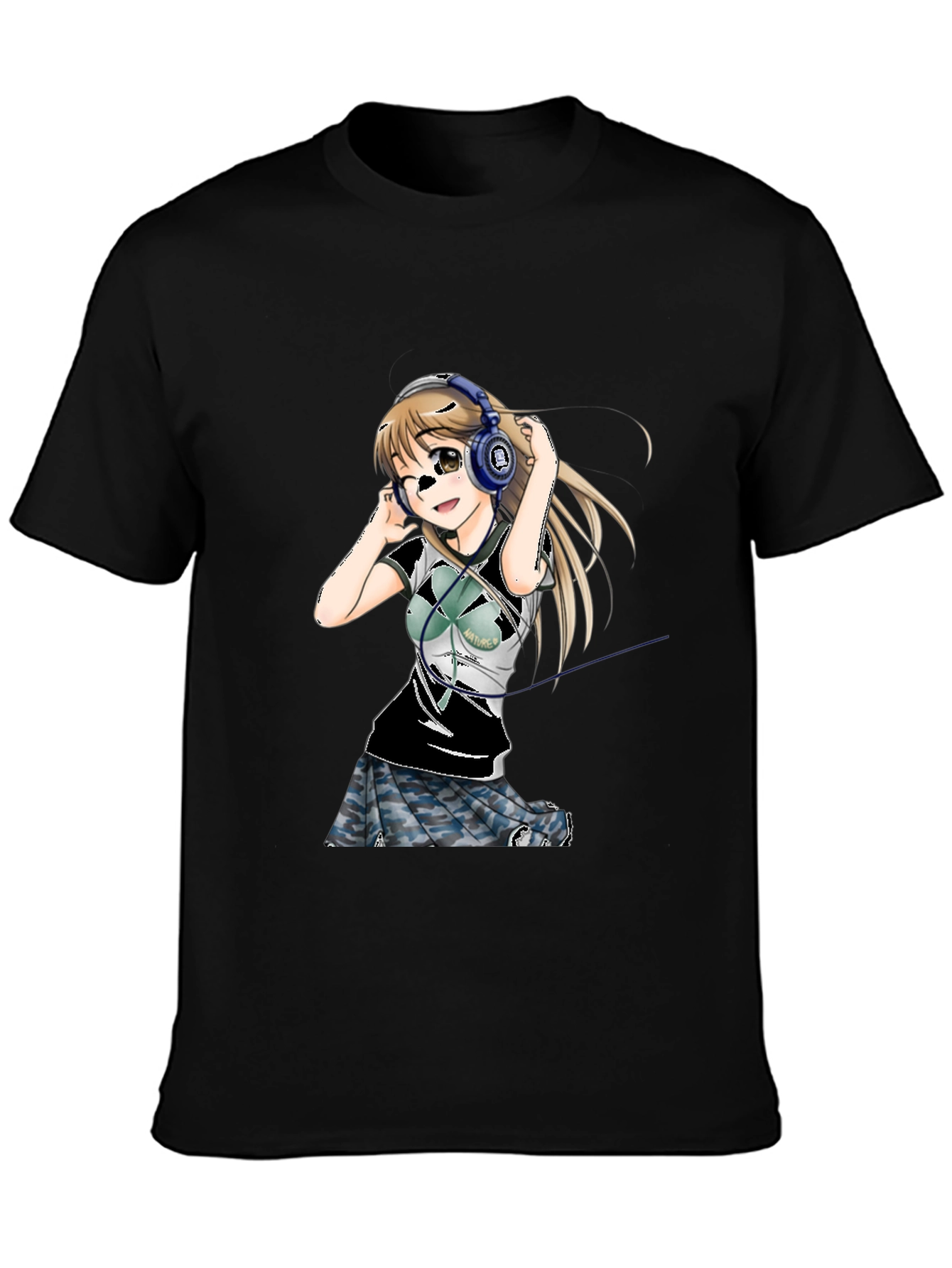 Anime Girl Headphones Graphic Tee - Black T-Shirt