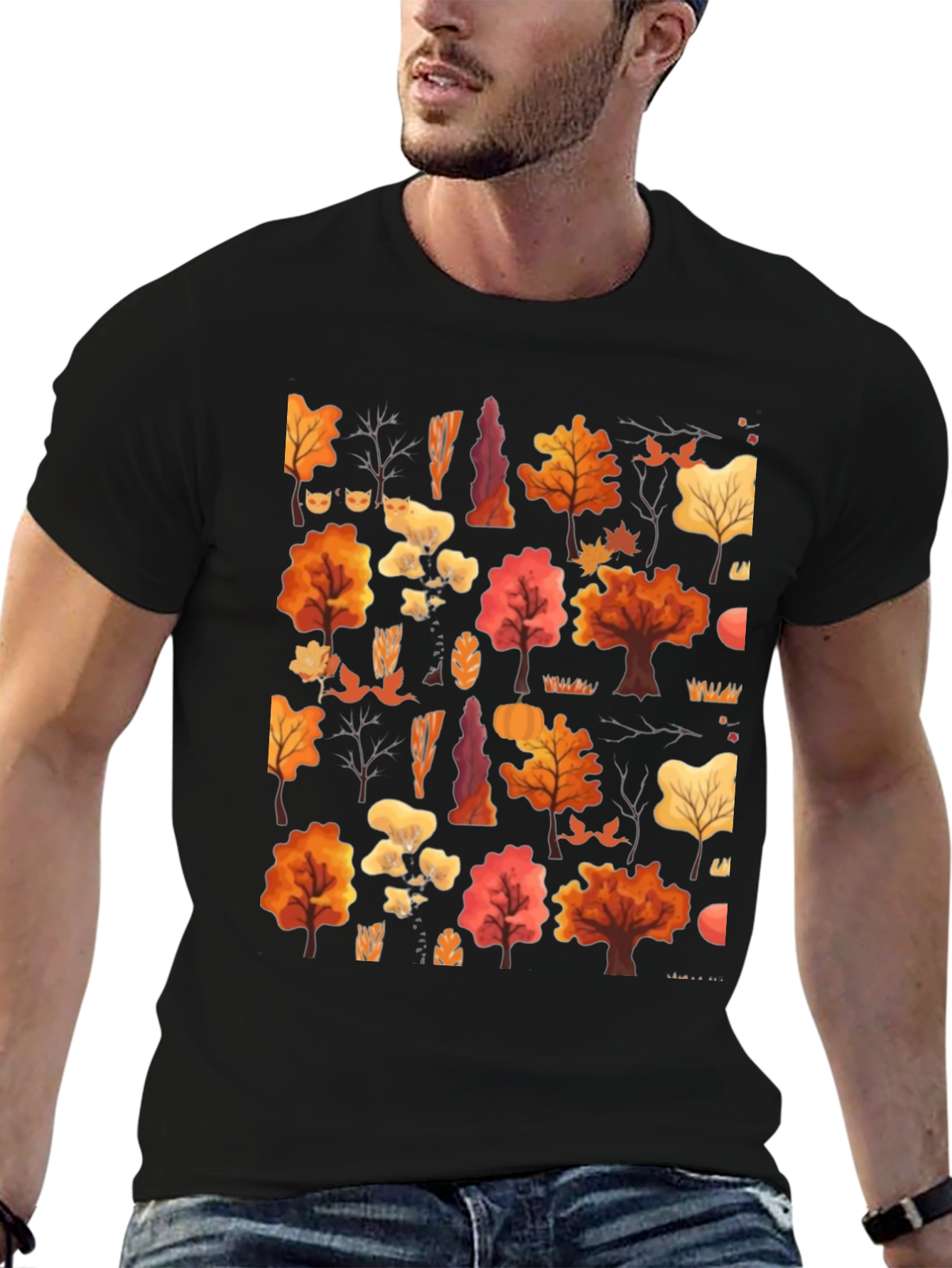 Autumn Forest Print Black T-Shirt