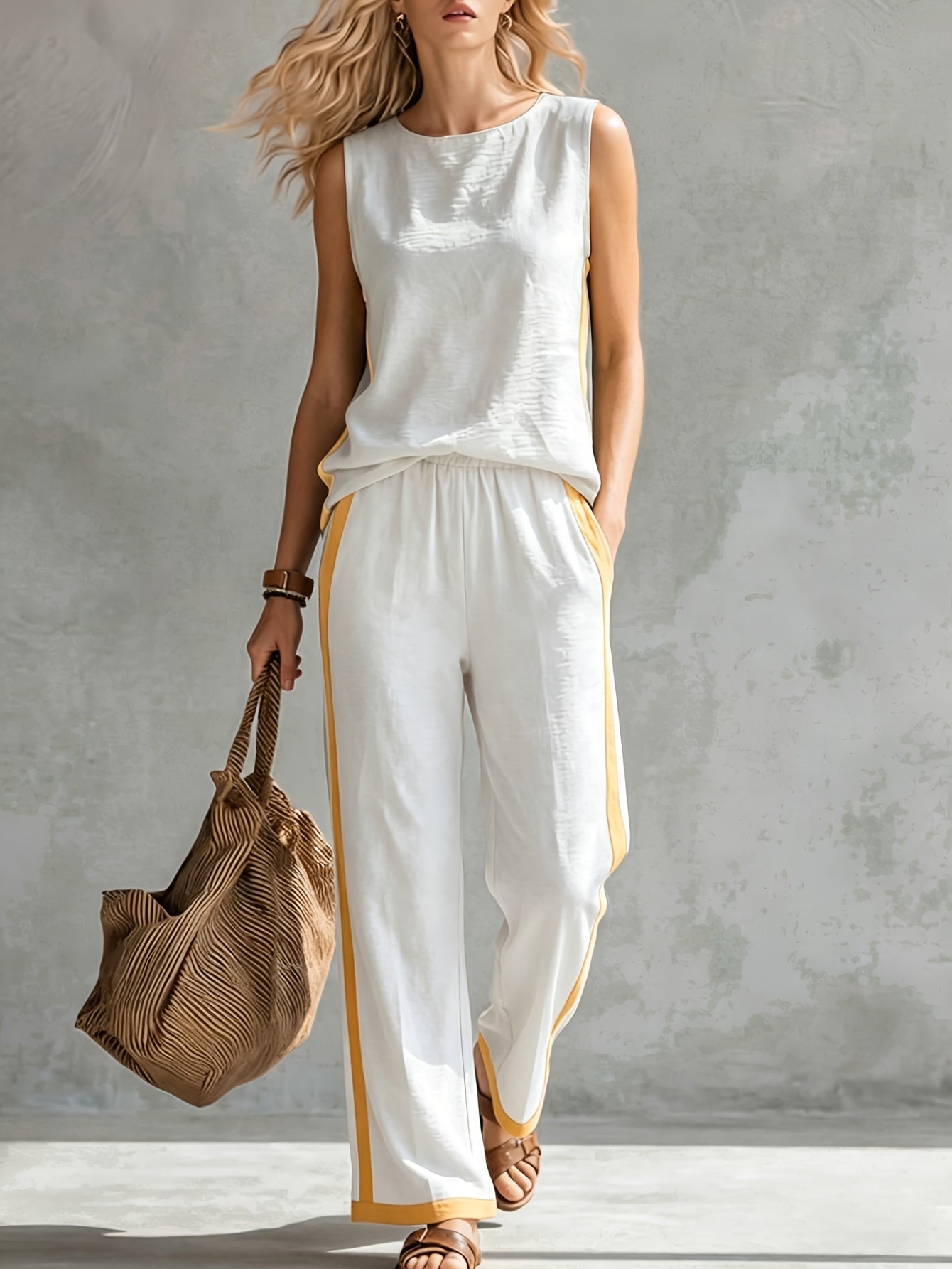 Comfortable Elegant New Women'S Summer Holiday Casual Solid Sleeveless Blouse And Yellow Contrast Patchwork Solid Pants 2pcs Set with Tie Elastic Waist And Pockets