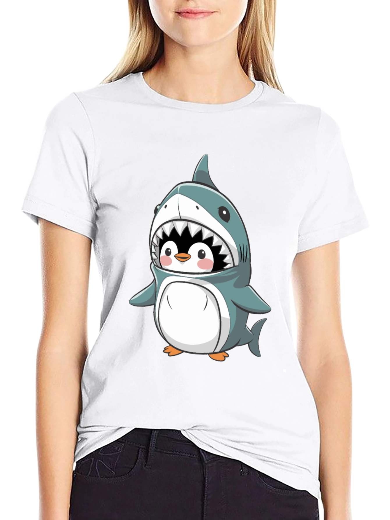 Cute Penguin in Shark Costume Graphic Tee