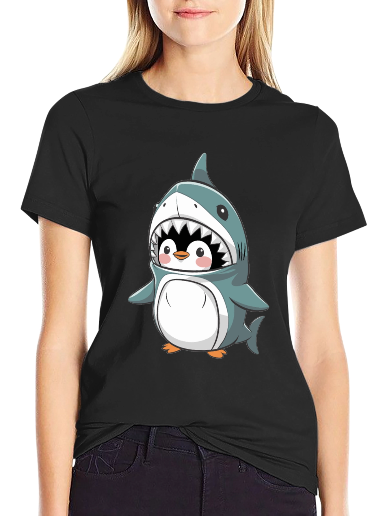 Cute Penguin in Shark Costume Graphic Tee