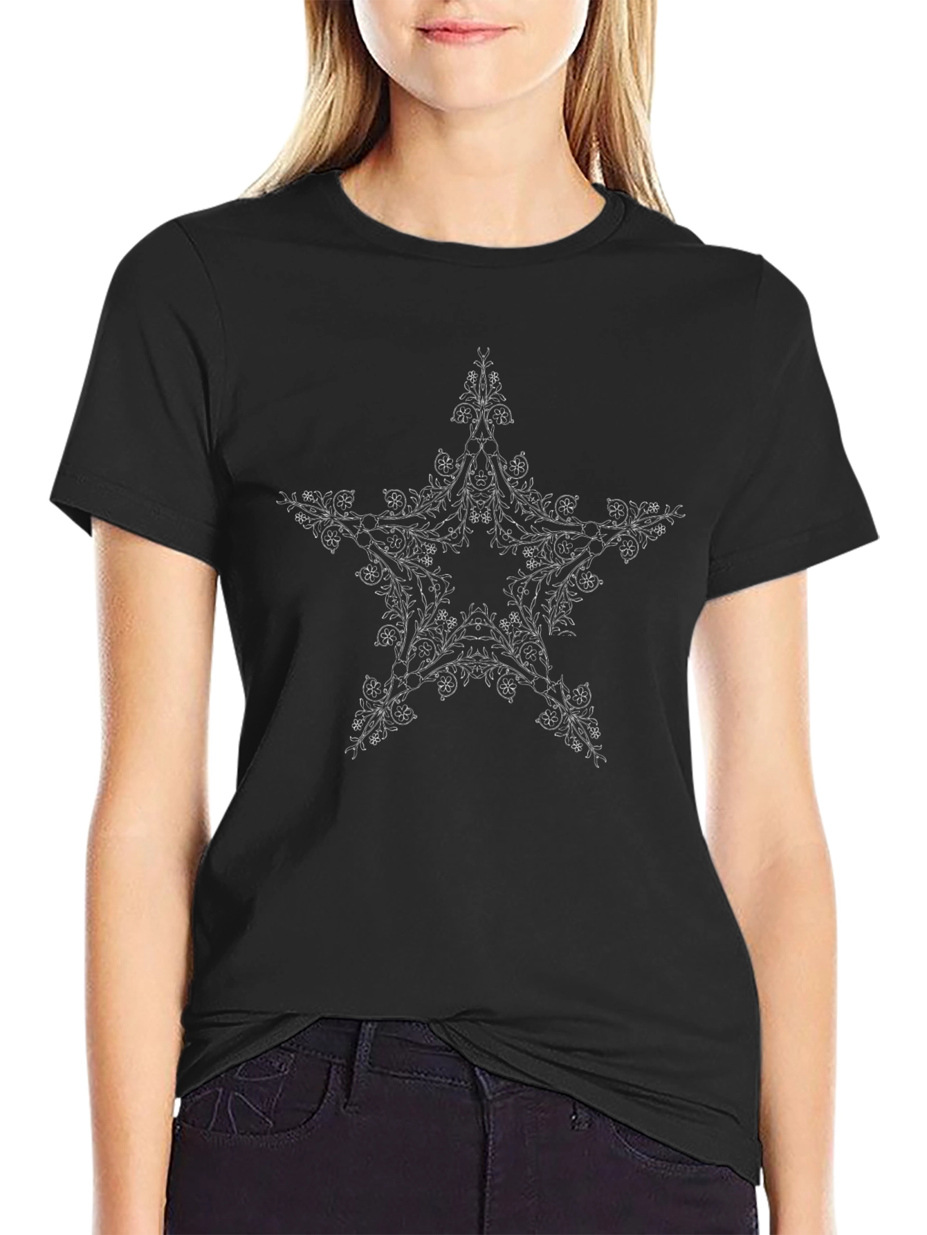 Black T-Shirt with Floral Star Design