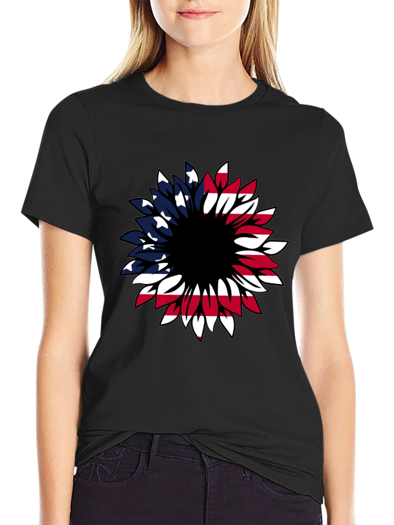 American Flag Sunflower Graphic T-Shirt