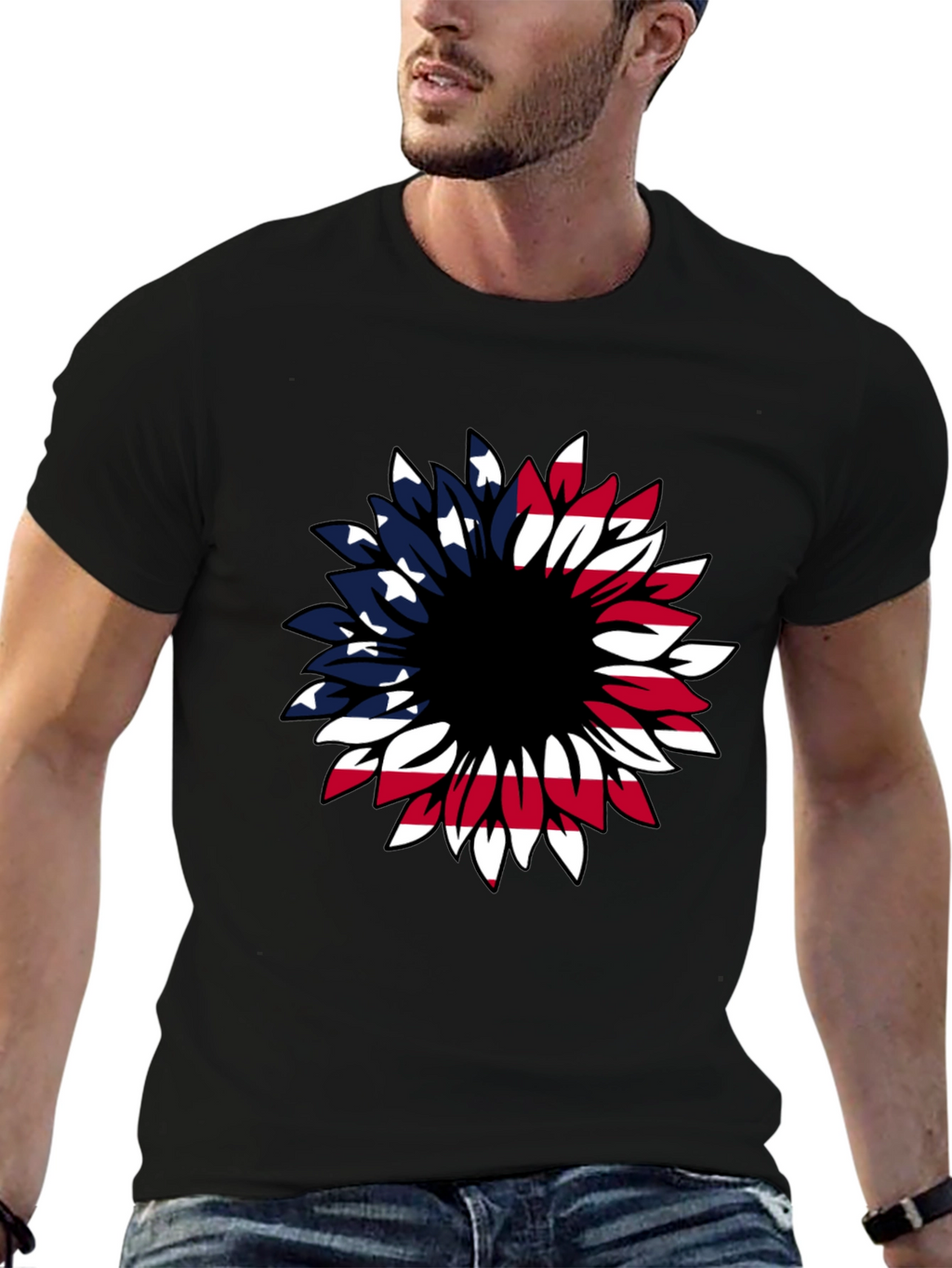 American Flag Sunflower Graphic T-Shirt