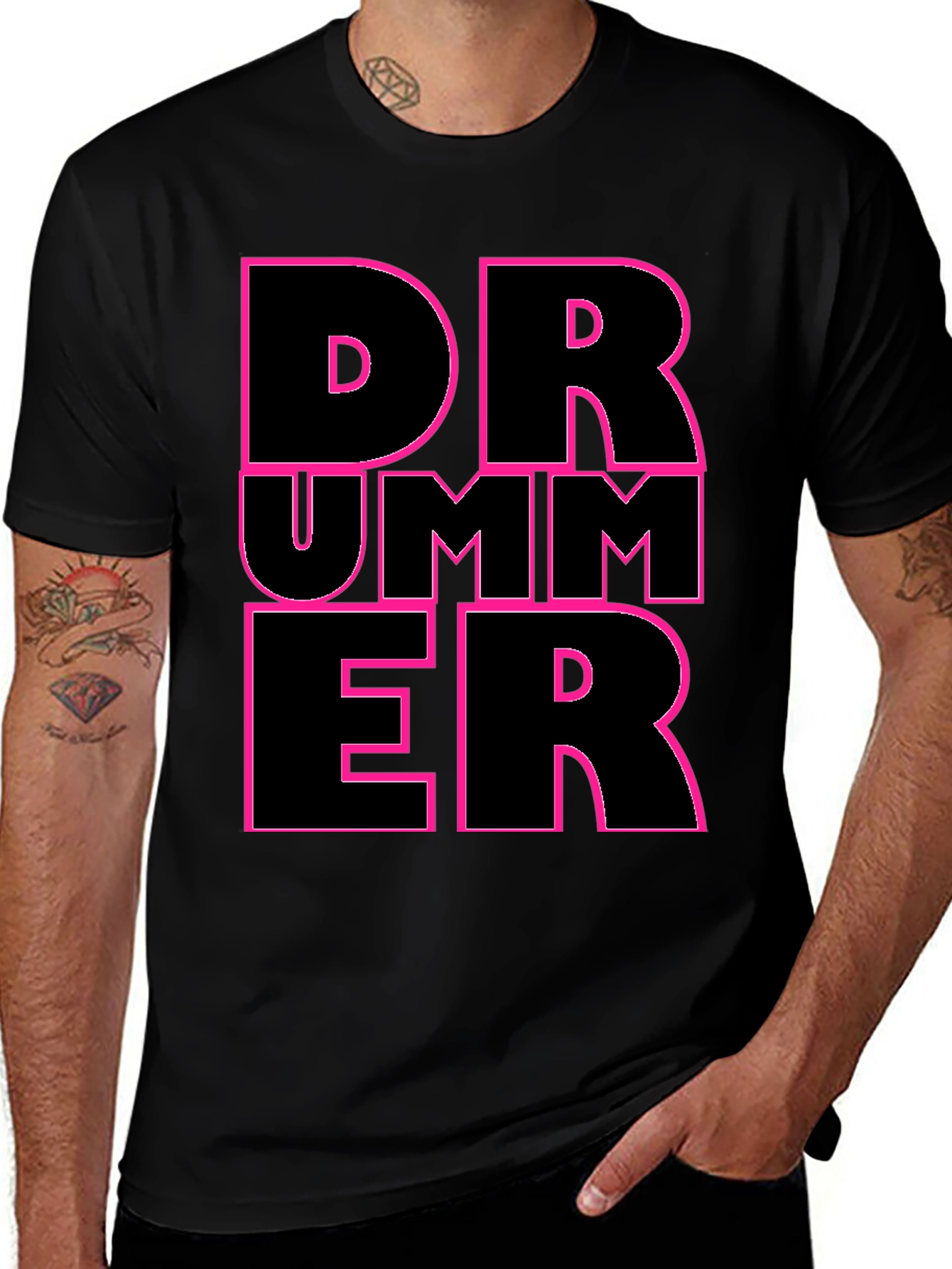 Drummer Graphic T-Shirt - Black with Pink Outline
