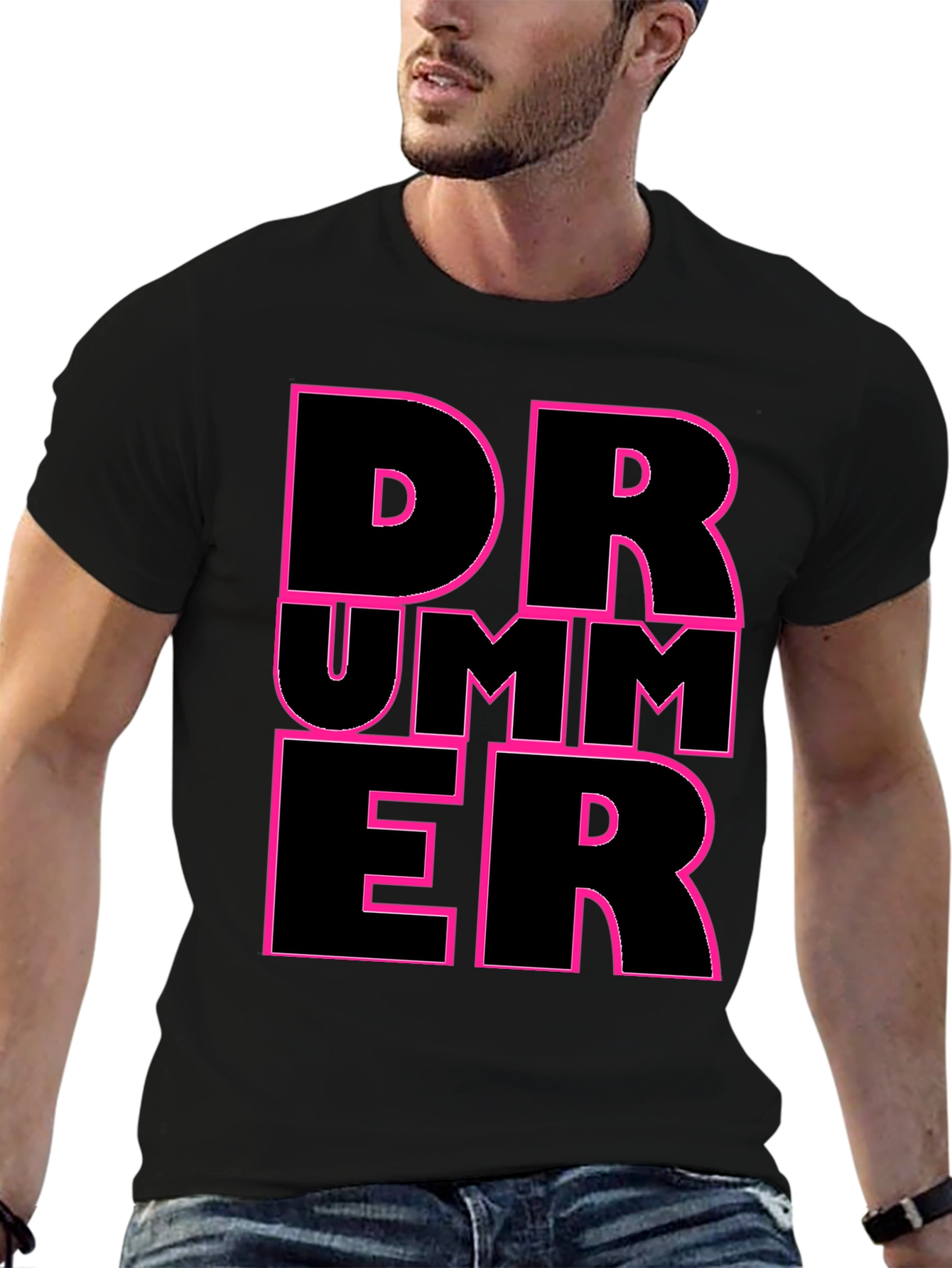 Drummer Graphic T-Shirt - Black with Pink Outline
