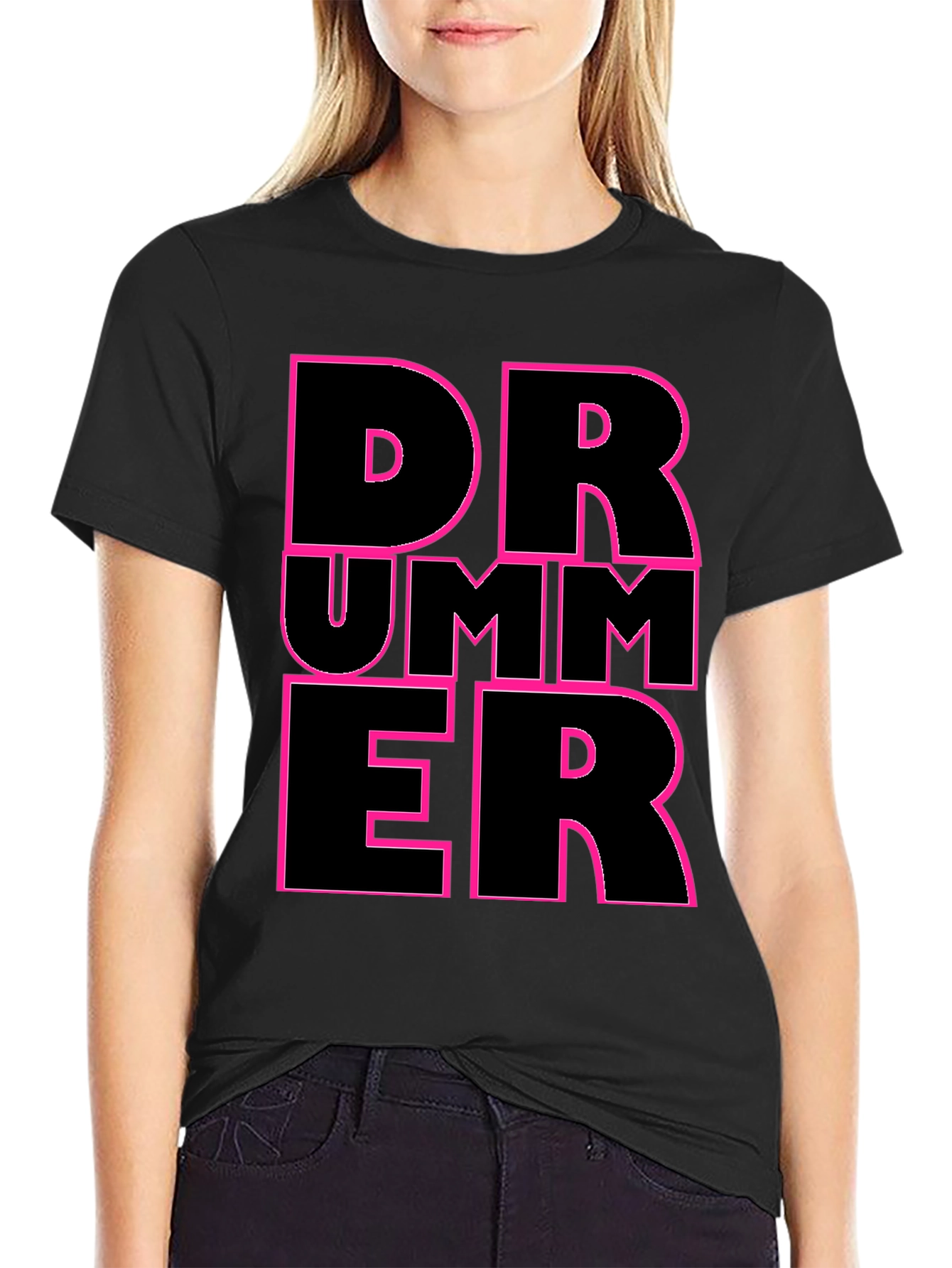 Drummer Graphic T-Shirt - Black with Pink Outline