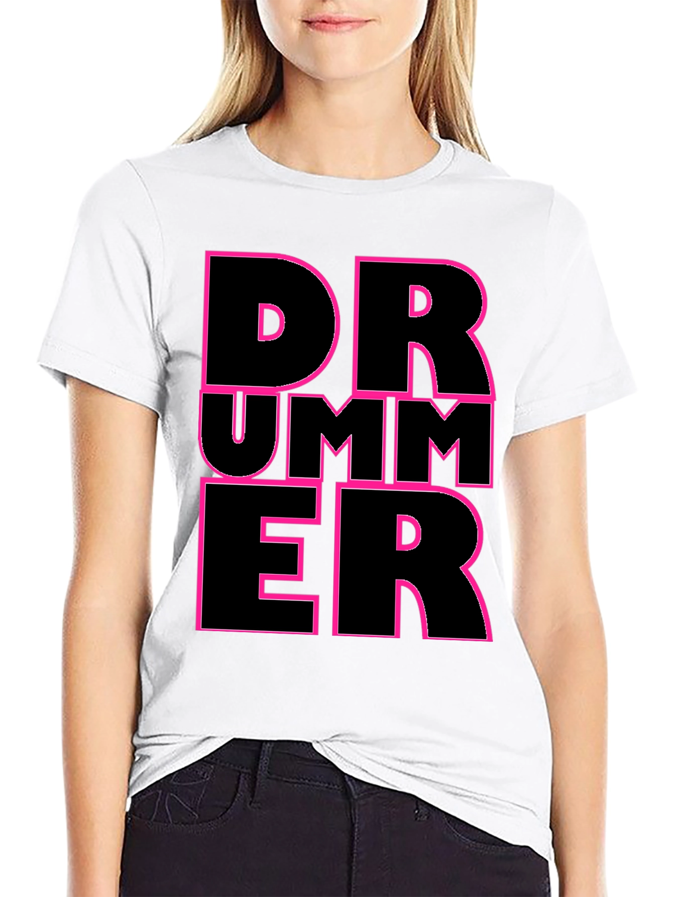 Drummer Graphic T-Shirt - Black with Pink Outline