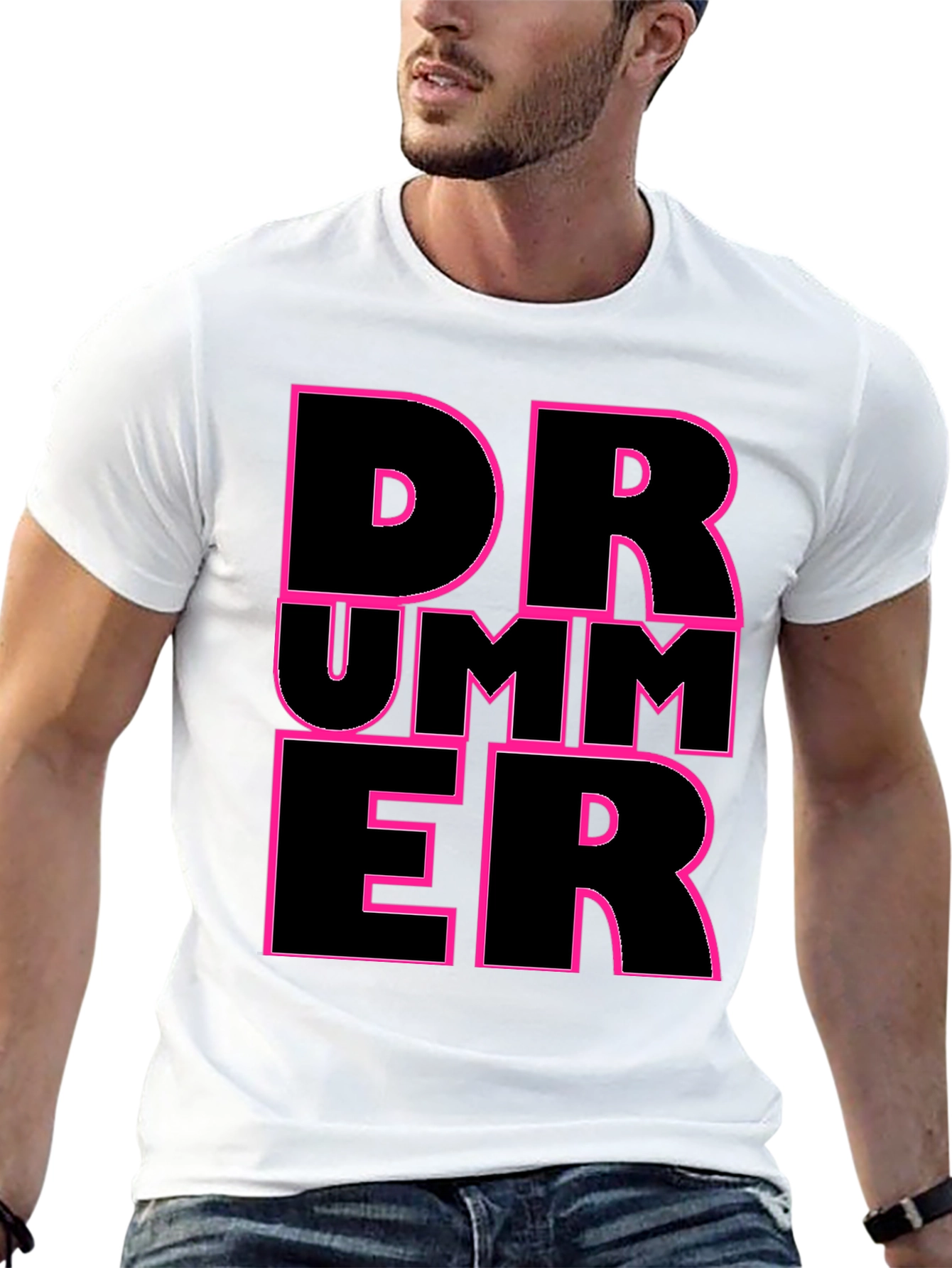 Drummer Graphic T-Shirt - Black with Pink Outline