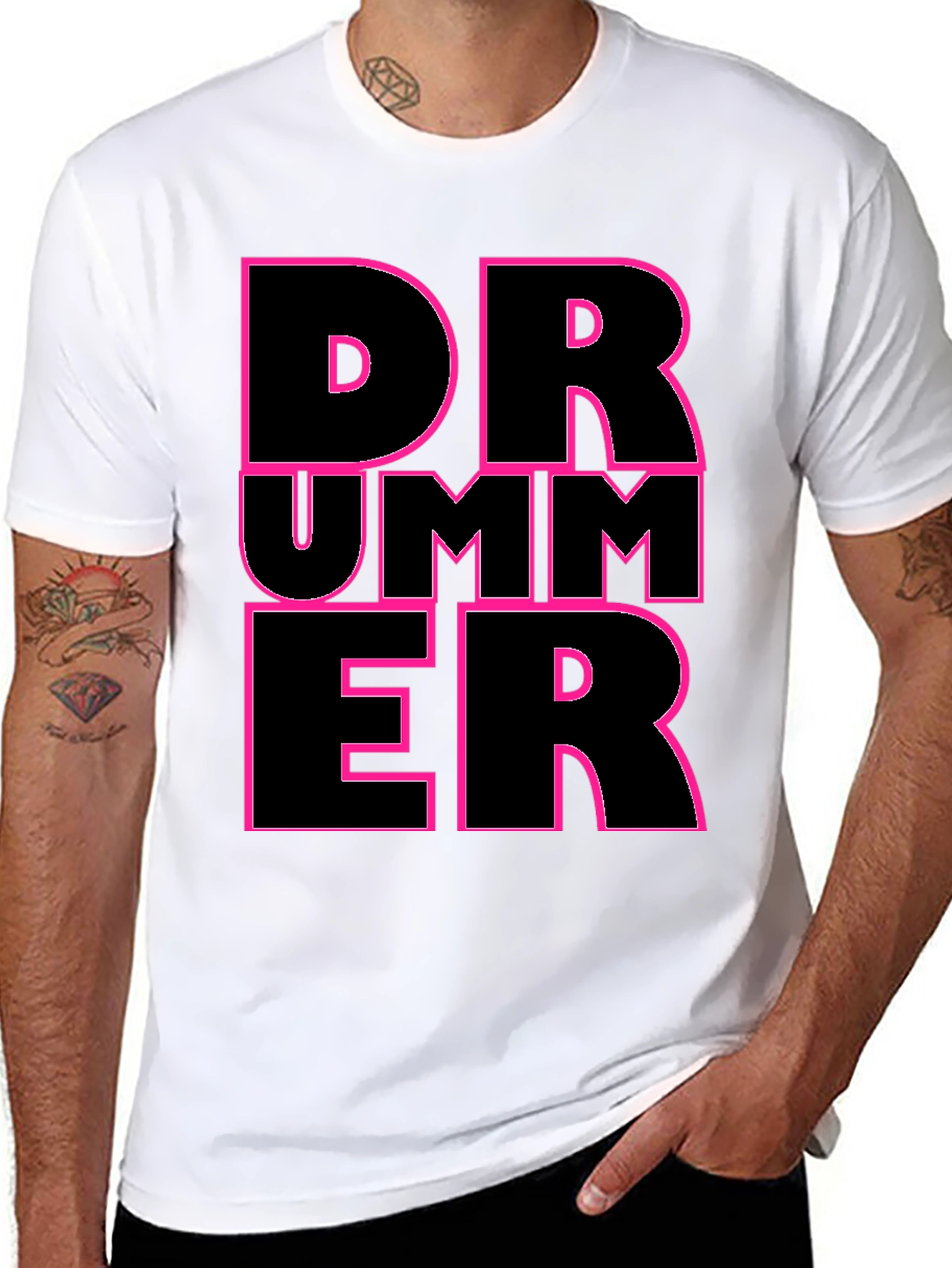 Drummer Graphic T-Shirt - Black with Pink Outline