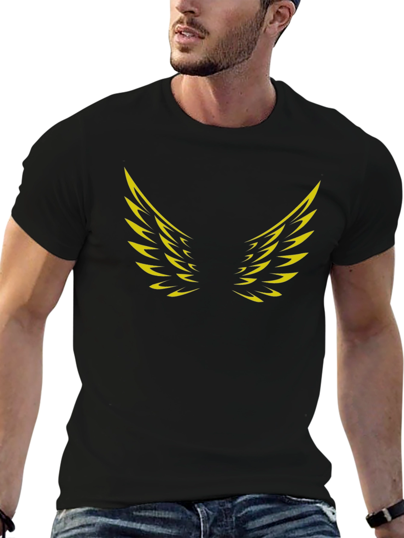 Black T-Shirt with Golden Wings Graphic
