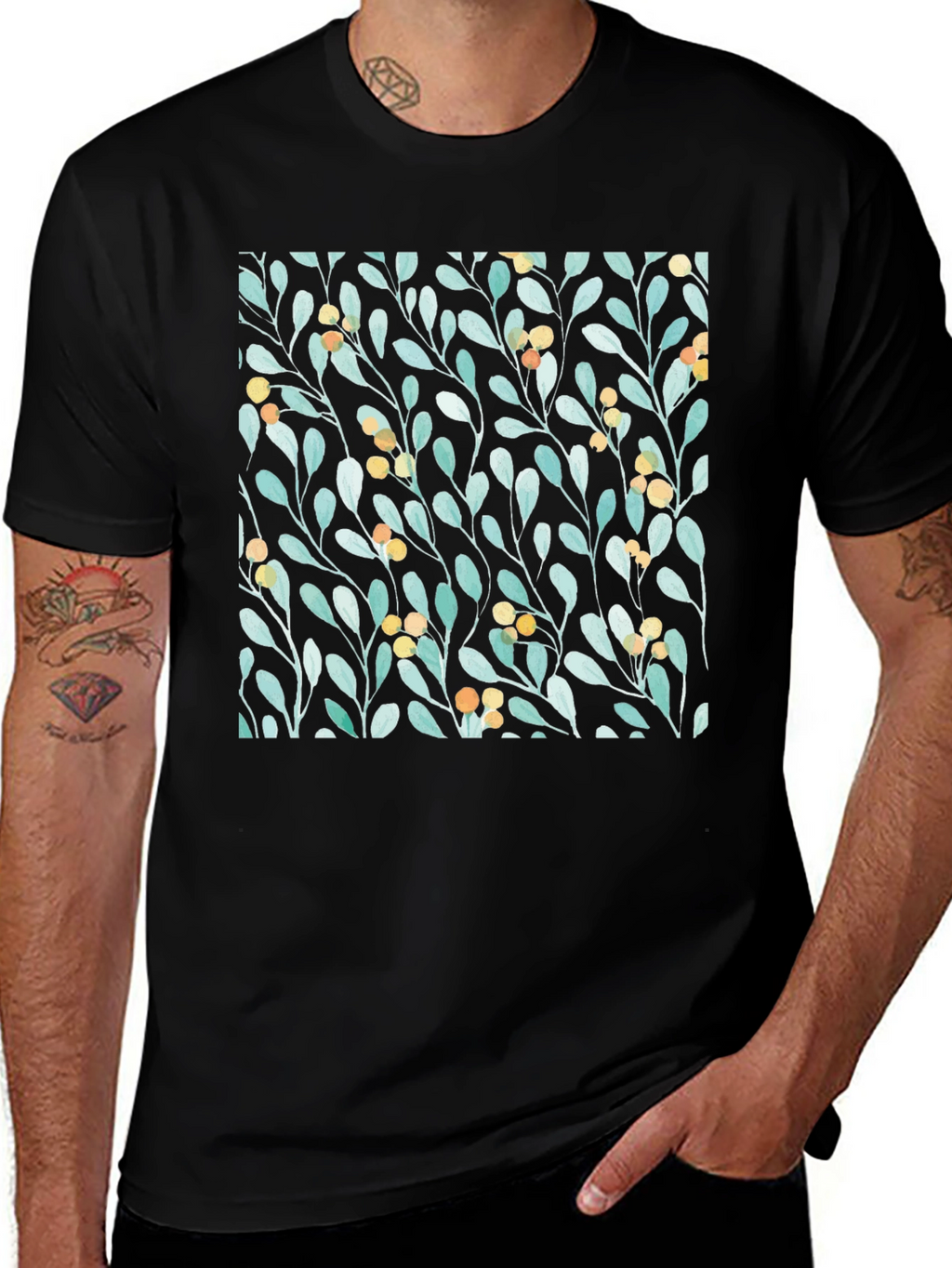 Botanical Leaves & Berries Black T-Shirt
