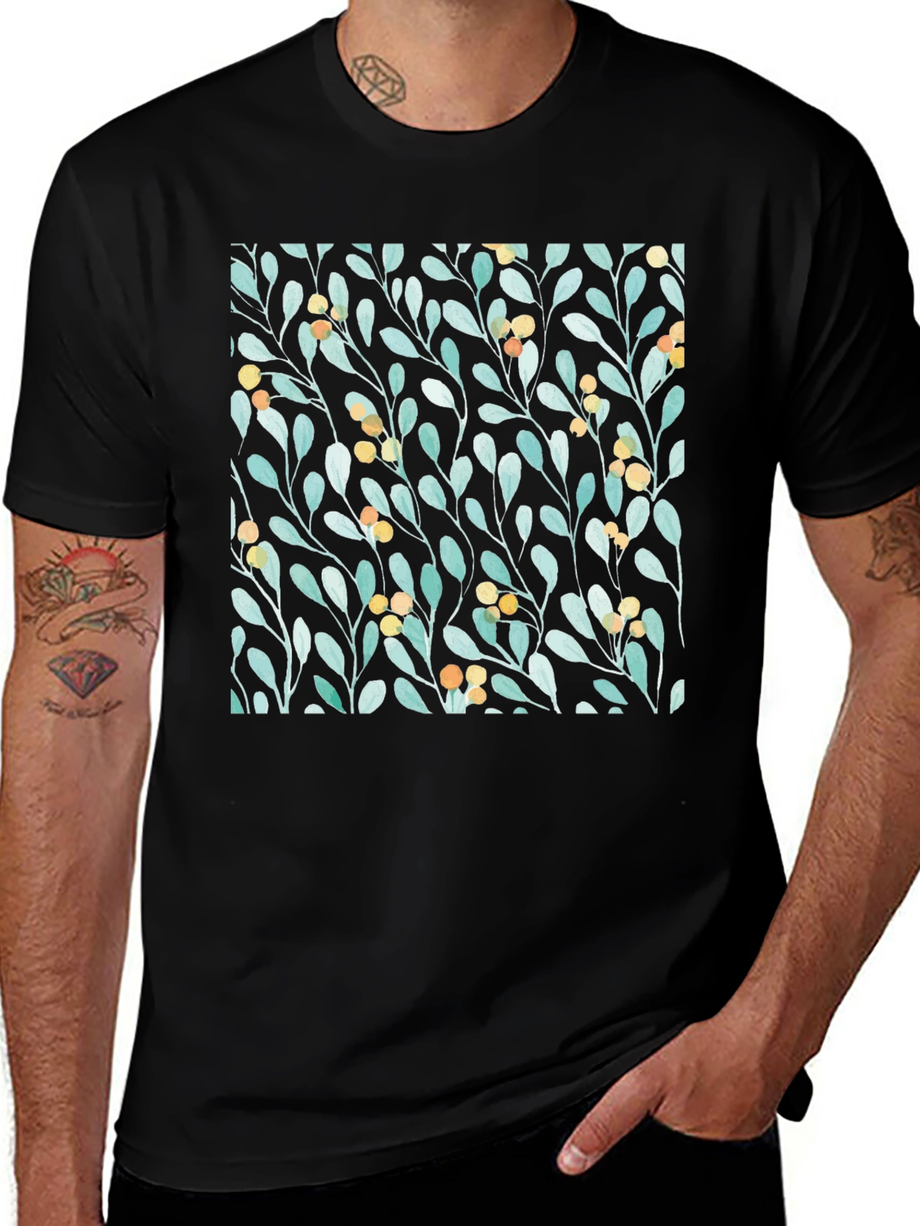 Botanical Leaves & Berries Black T-Shirt