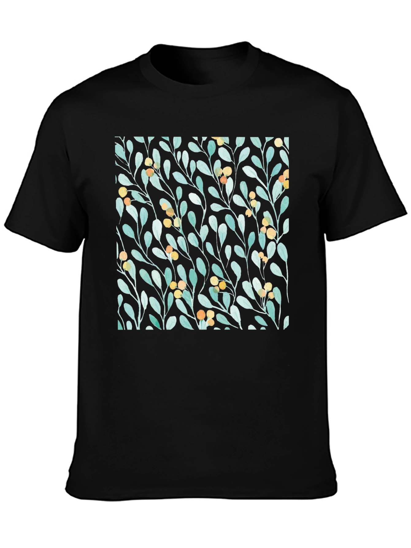 Botanical Leaves & Berries Black T-Shirt