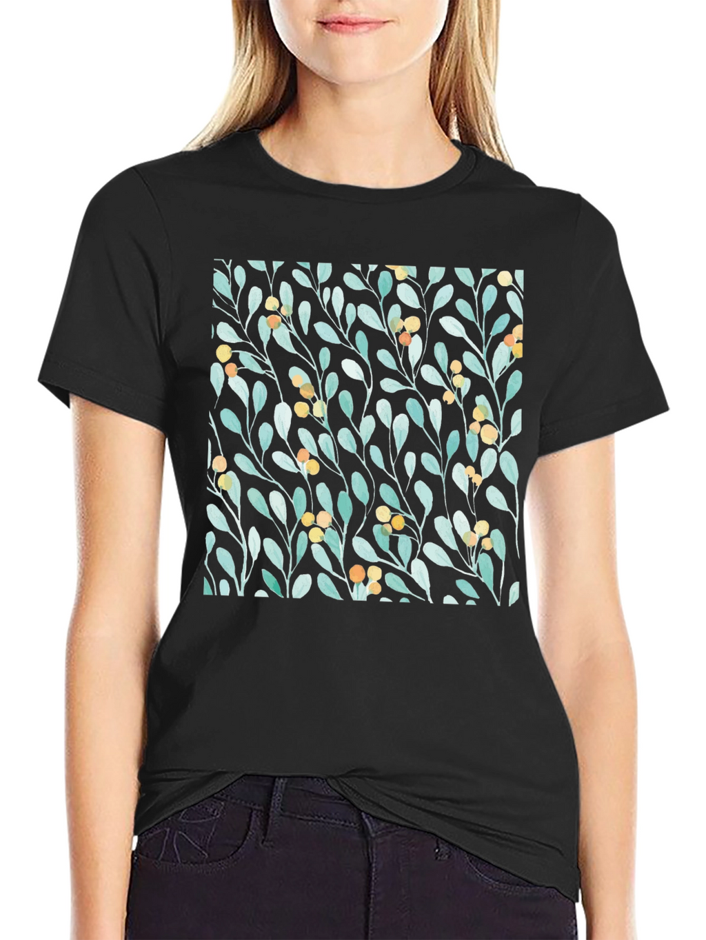Botanical Leaves & Berries Black T-Shirt