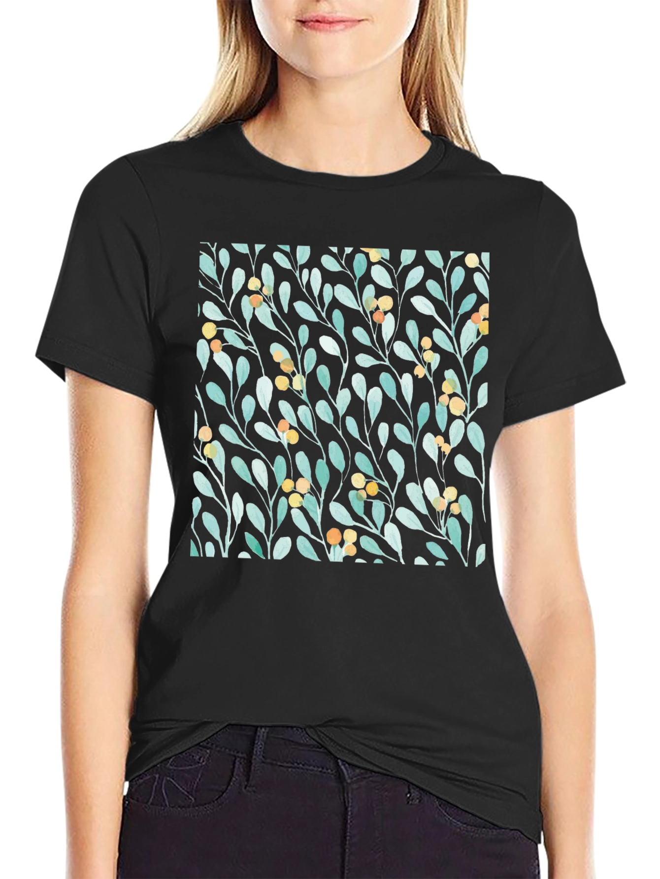 Botanical Leaves & Berries Black T-Shirt