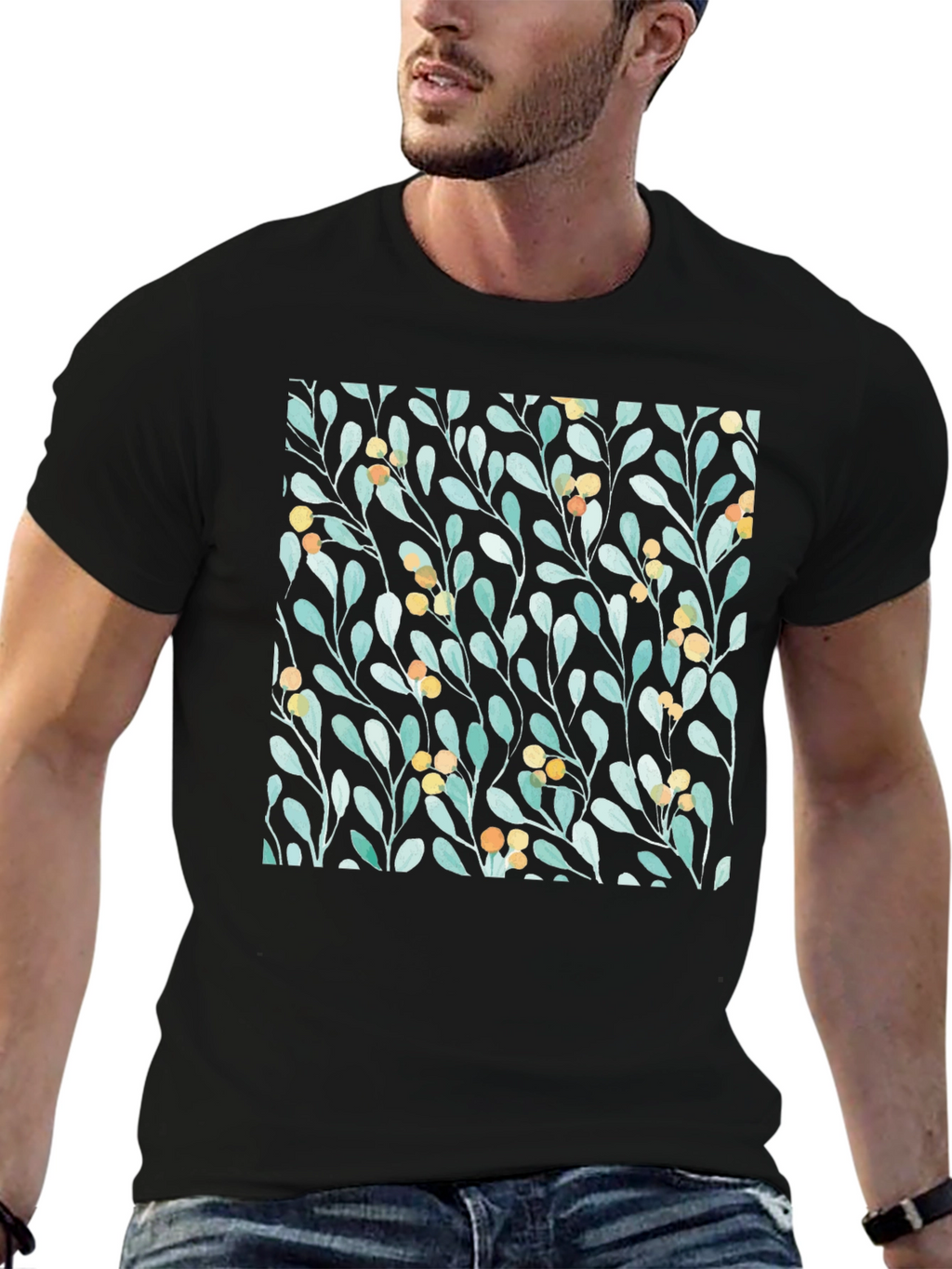 Botanical Leaves & Berries Black T-Shirt