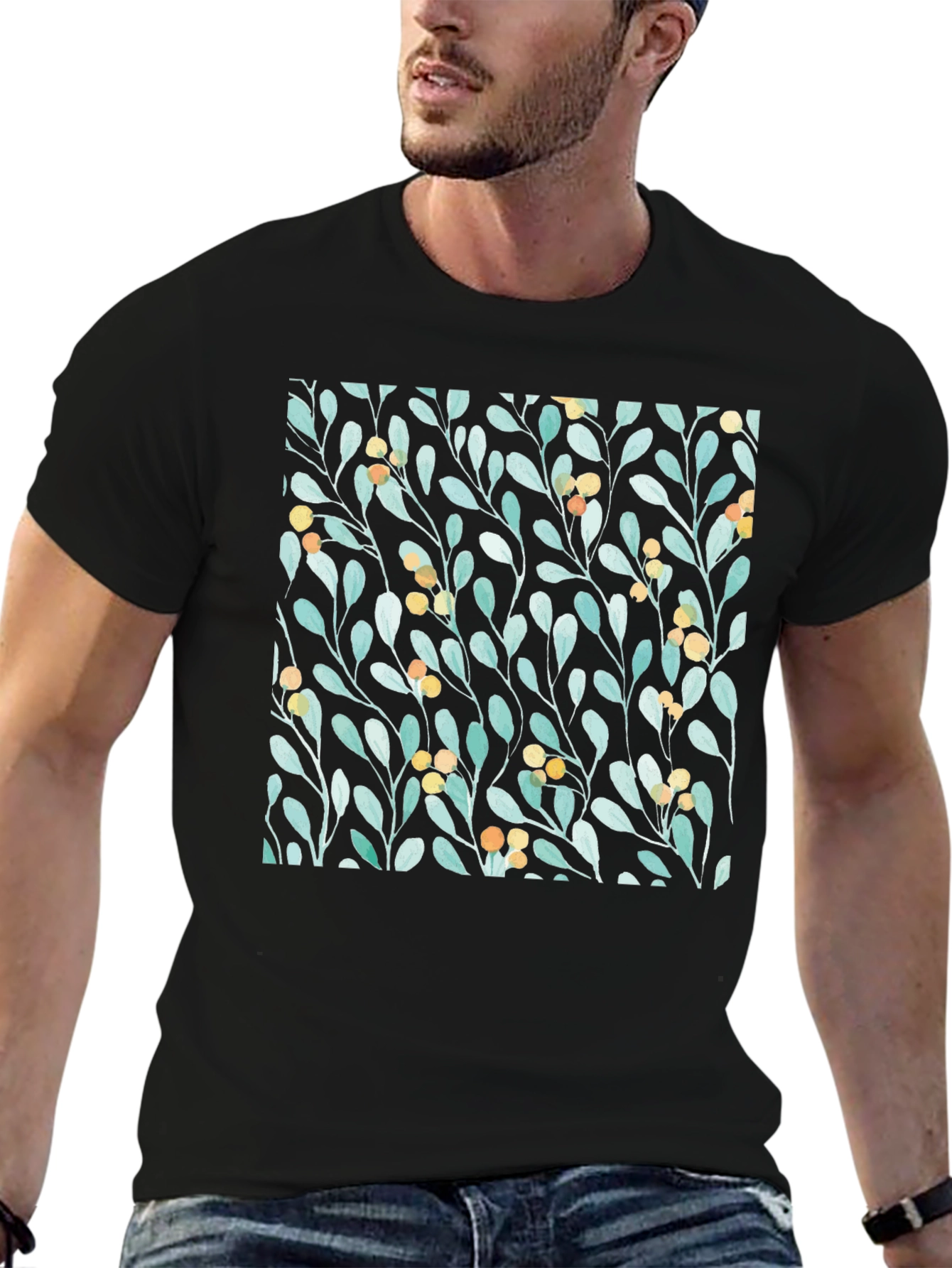 Botanical Leaves & Berries Black T-Shirt