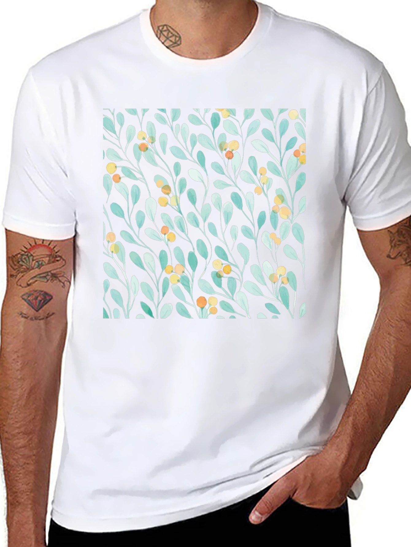 Botanical Leaves & Berries Black T-Shirt