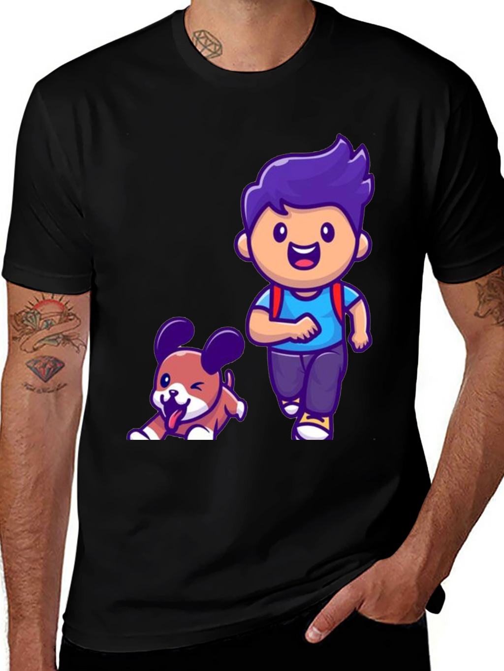 Cartoon Boy and Dog Graphic T-Shirt