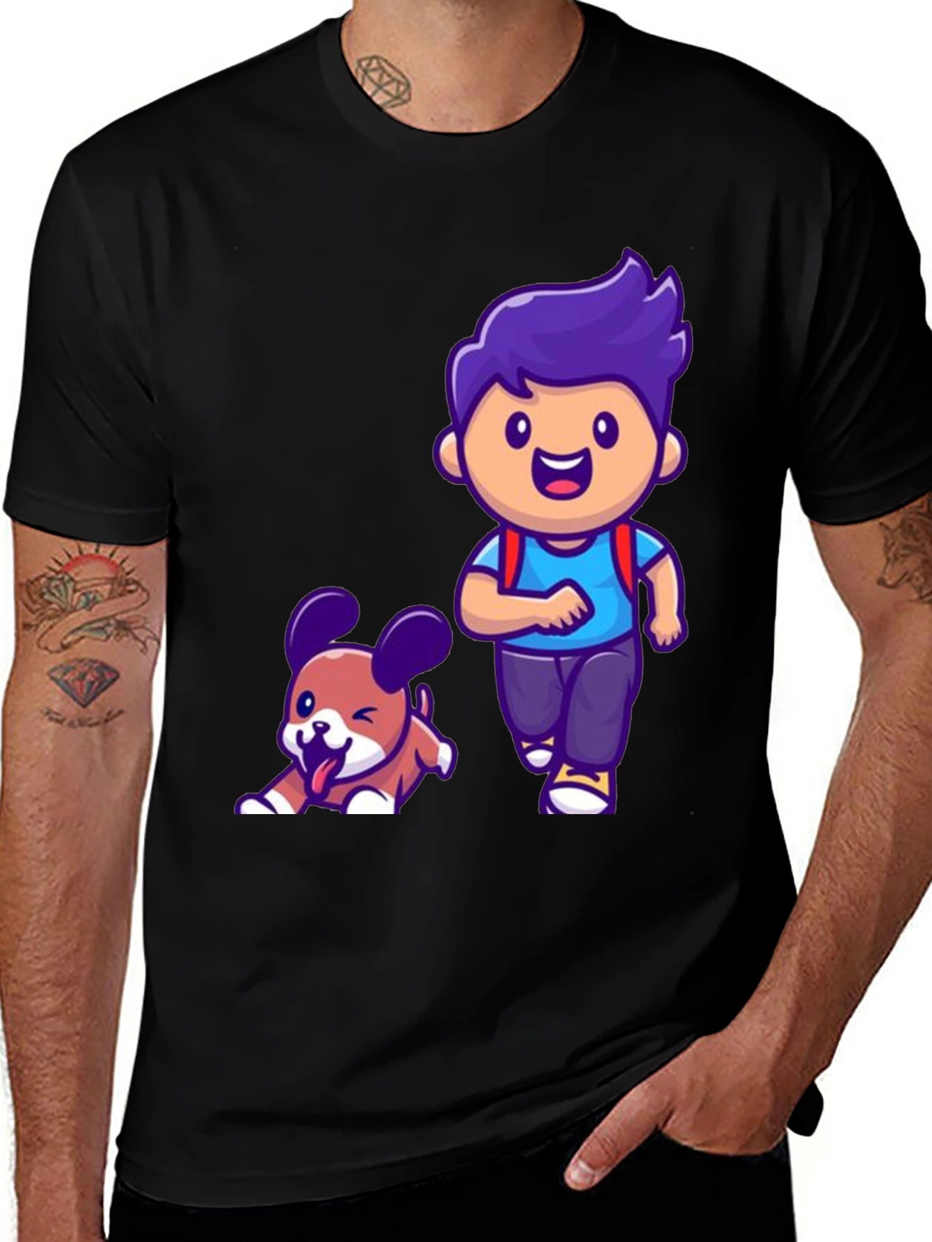 Cartoon Boy and Dog Graphic T-Shirt