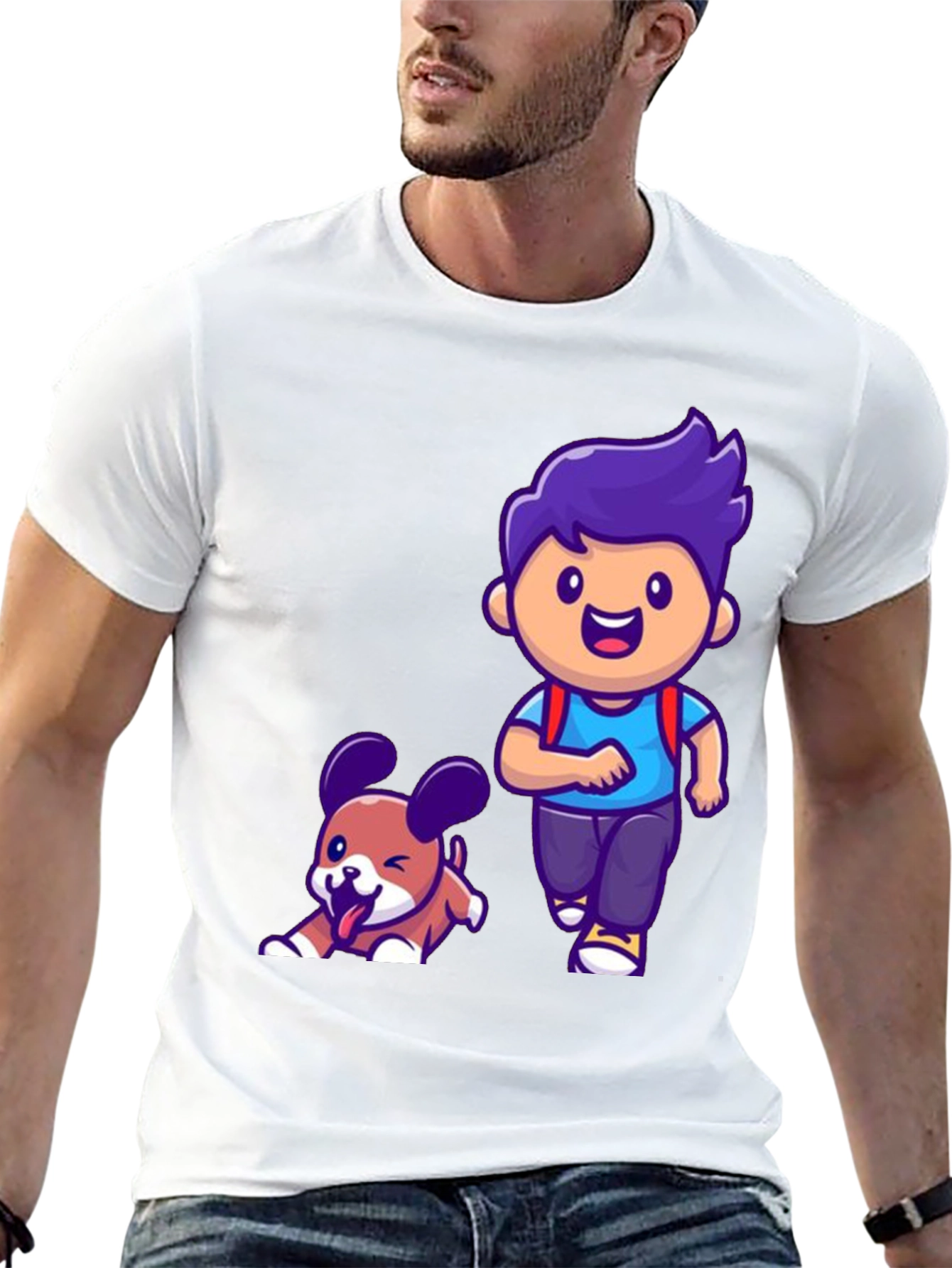 Cartoon Boy and Dog Graphic T-Shirt