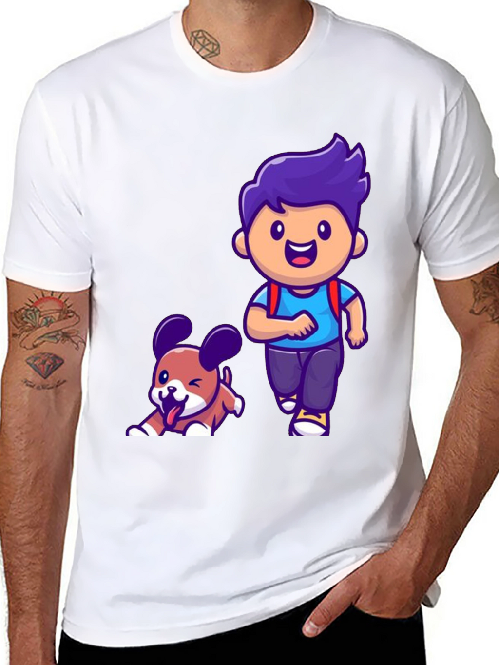 Cartoon Boy and Dog Graphic T-Shirt