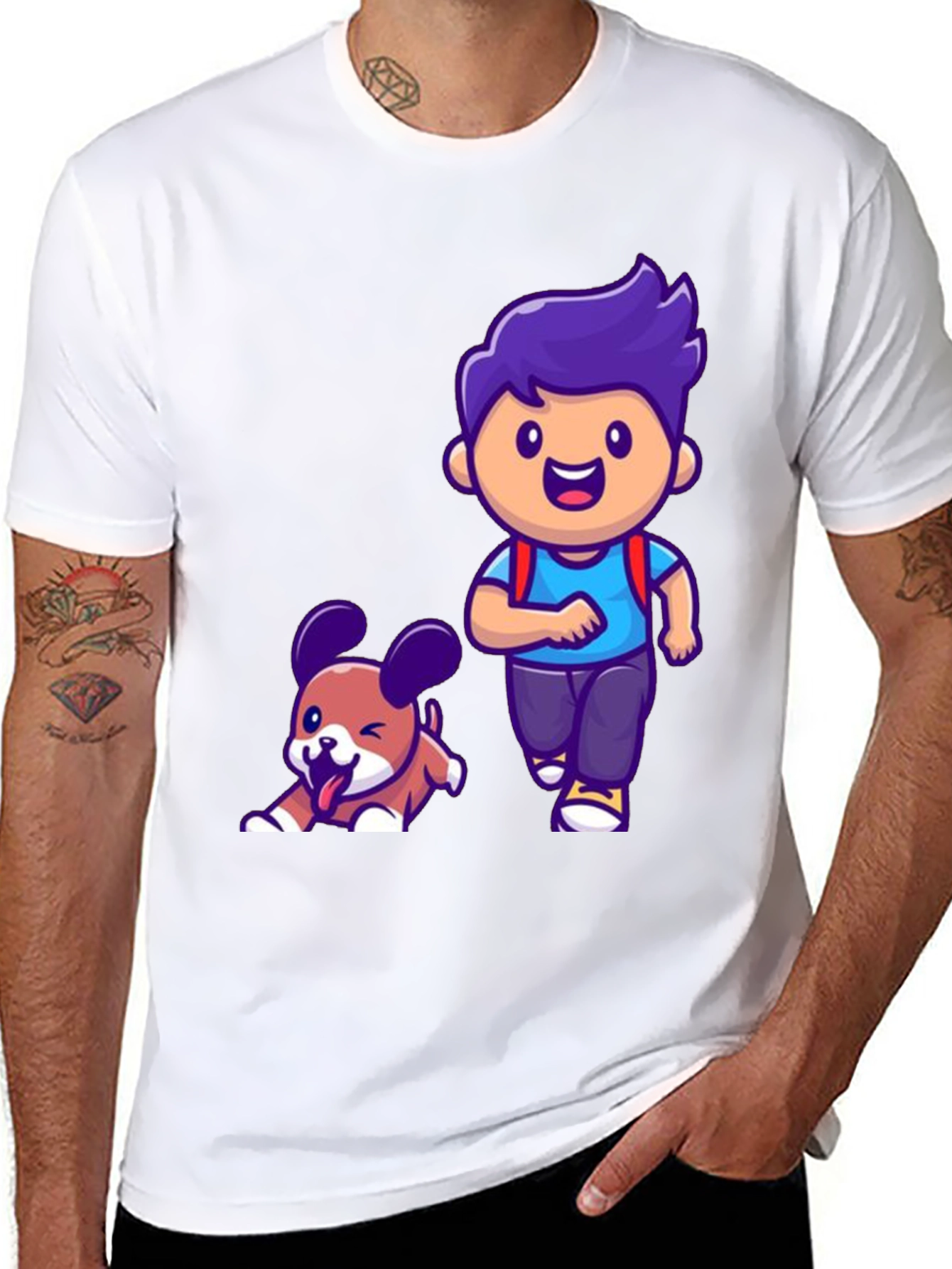 Cartoon Boy and Dog Graphic T-Shirt