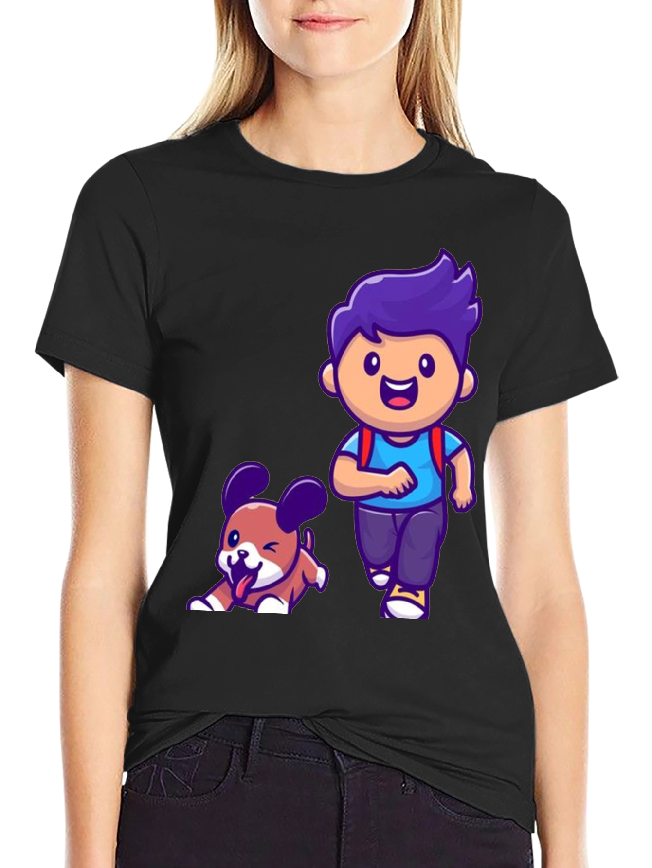 Cartoon Boy and Dog Graphic T-Shirt